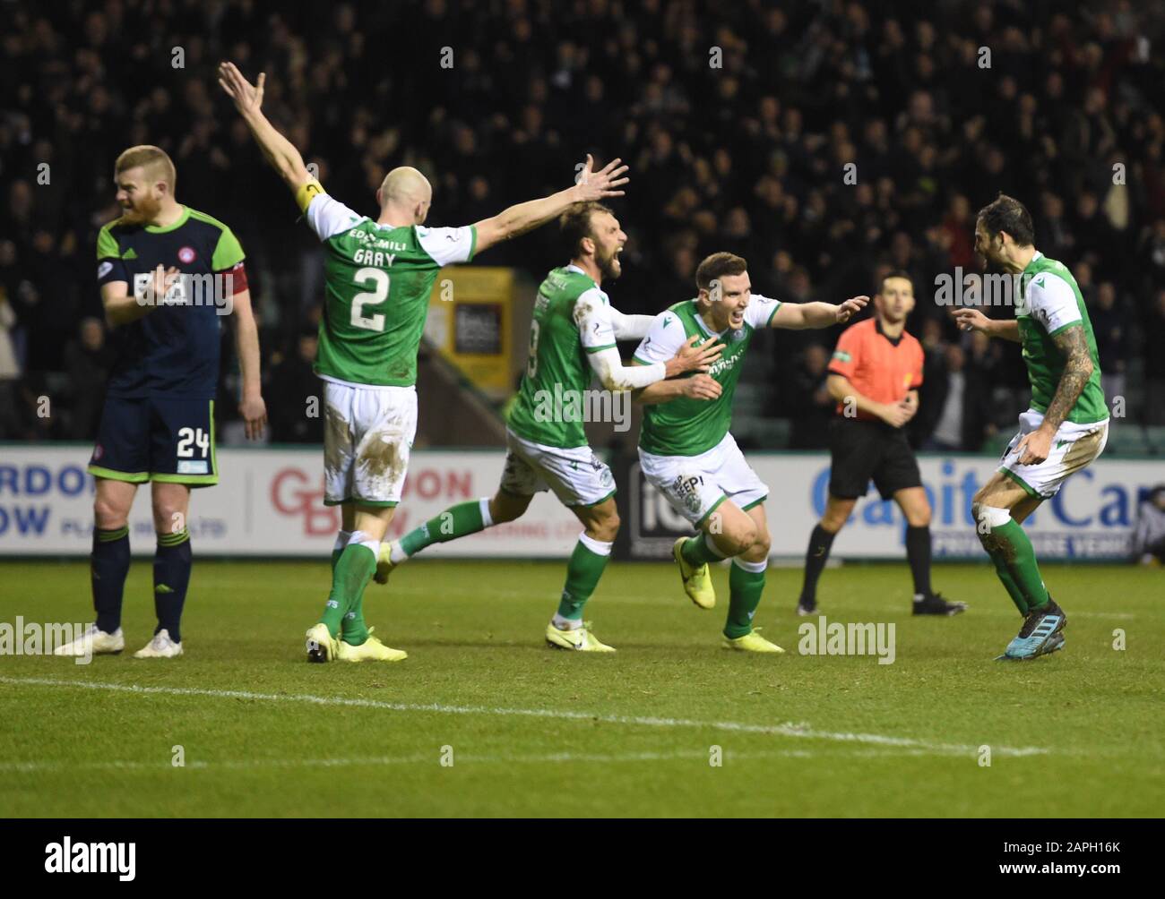 Easter Road,Stadium .Edinburgh.Scotland.UK.22 Jan 20. Hibernian 2 vs Hamilton 1  Scottish Premiership Match . Hibs Paul Hanlon Celebrates his winning Stock Photo