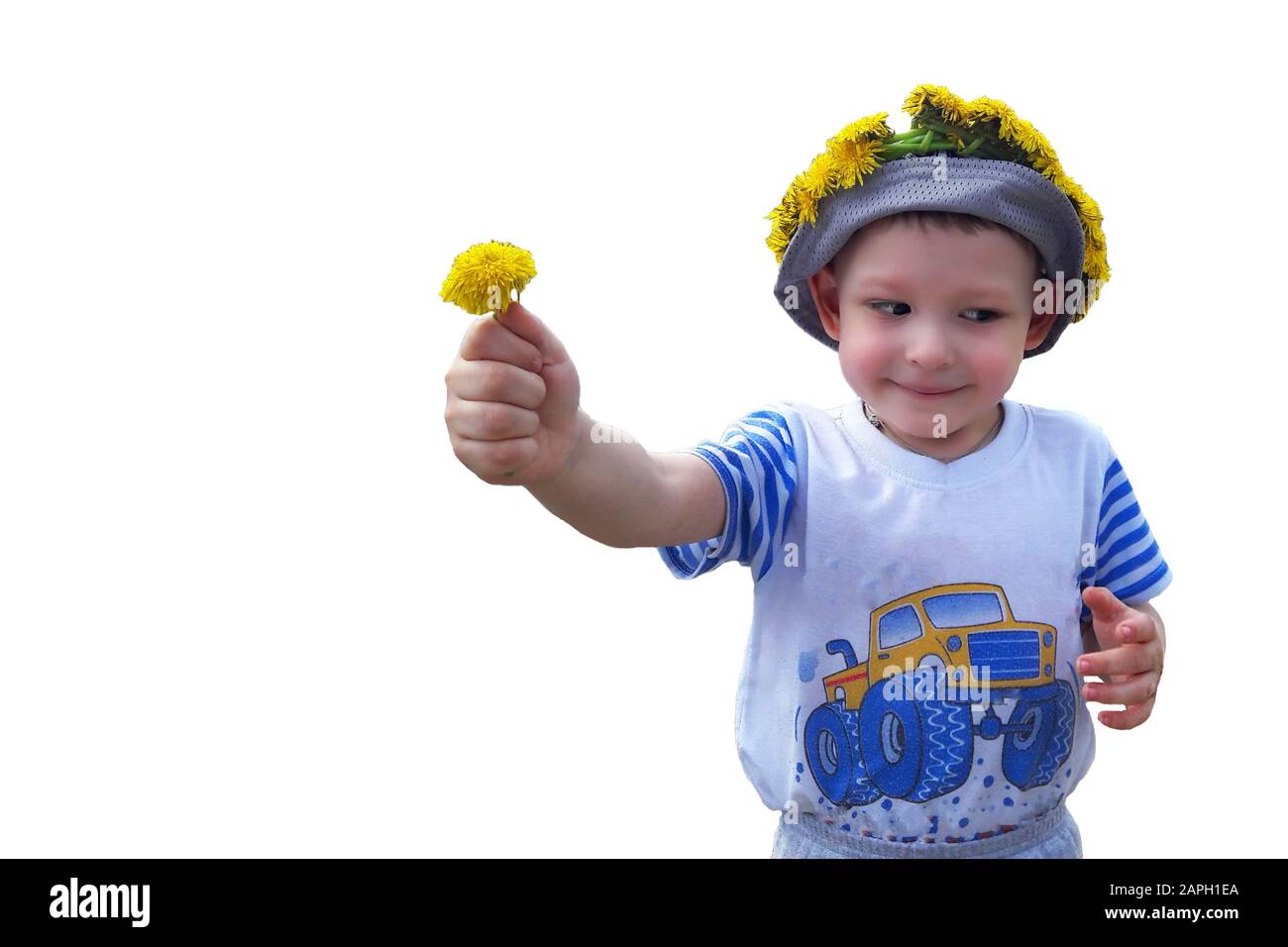 pictured in the photo boy with a wreath of dandelions on a whithe background Stock Photo