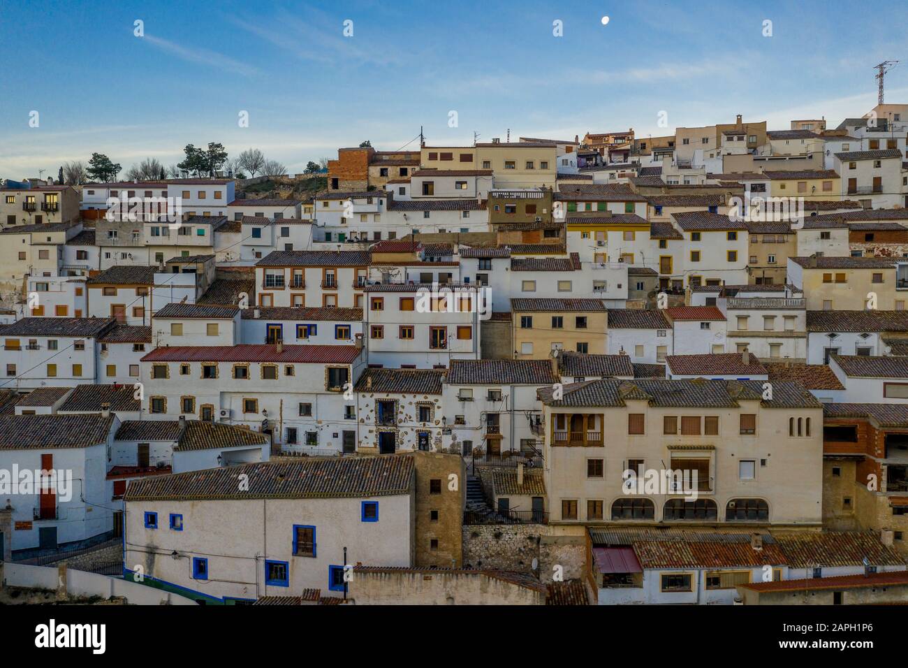 Colorful houses with square windows and traditional roofs in Alcala del Jucar Spain Stock Photo