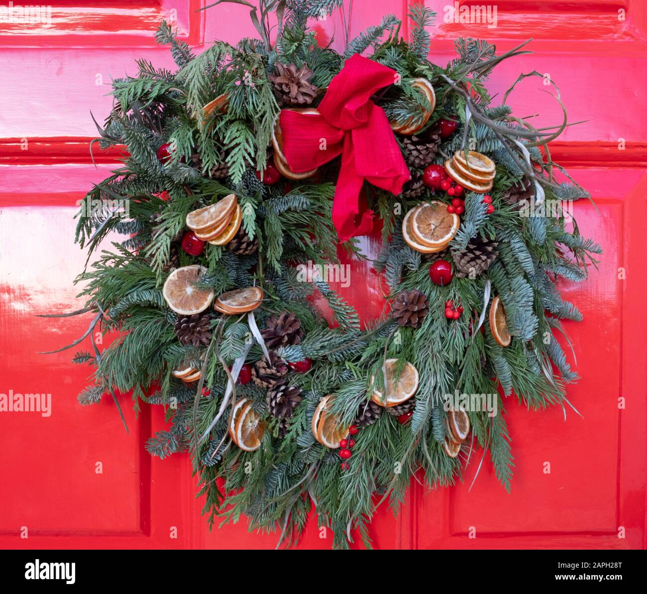A  fir christmas wreath decorated with a red ribbon, pine cones, and oranges on a red door in London, UK Stock Photo