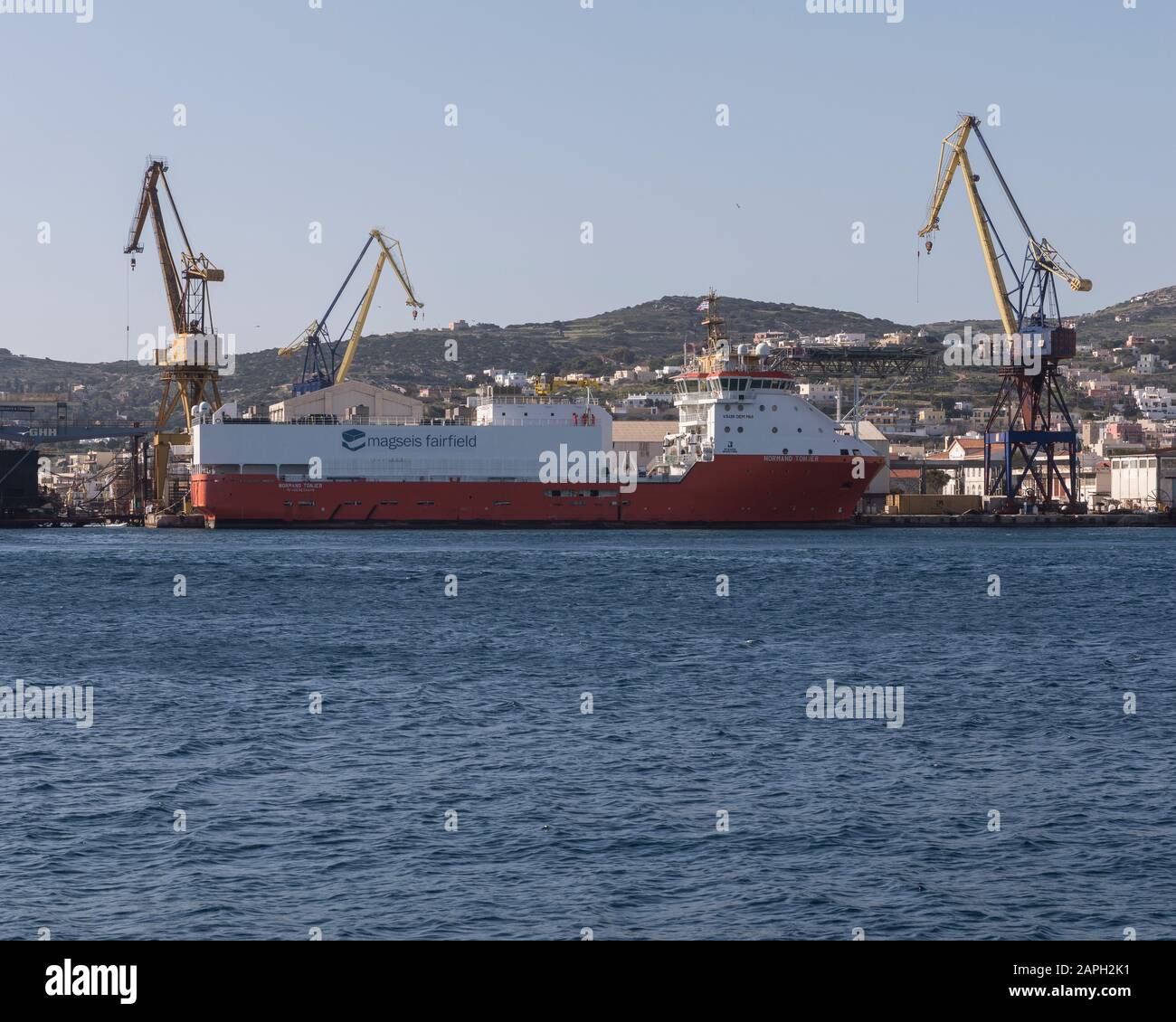 Ermoupolis January 23rd: Normand Tonjer Geophysical surveying and mapping vessel in Neorion Shipyards in Syros. January 23rd, 2020, Ermoupolis, Syros, Stock Photo
