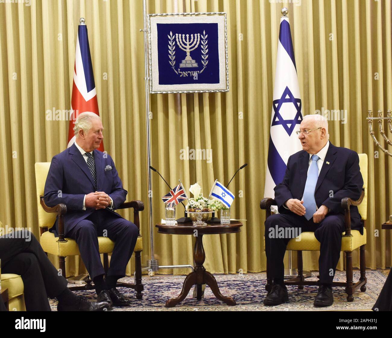 Jerusalem, Israel. 23rd Jan, 2020. (L) Britain's Royal Highness Prince Charles and ( R) Israeli President Reuven Rivlin make statements in presidential residence in Jerusalem, ahead of the Fifth World Holocaust Forum, on Thursday, January 23, 2020. World leaders have gathered in Jerusalem to commemorate the Holocaust and the 75 anniversary of the liberation of Auschwitz Birkenau concentration camp. Photo by Debbie Hill/UPI Credit: UPI/Alamy Live News Stock Photo