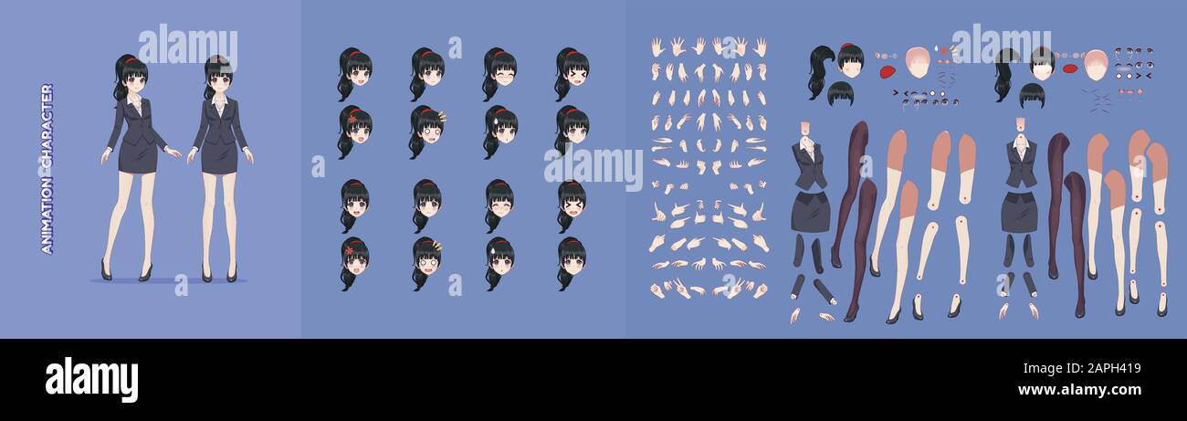 Anime manga girl cartoon characters for animation motion design The  initial default pose Parts of the body eight emotions many parts of  hands Sc Stock Vector Image  Art  Alamy