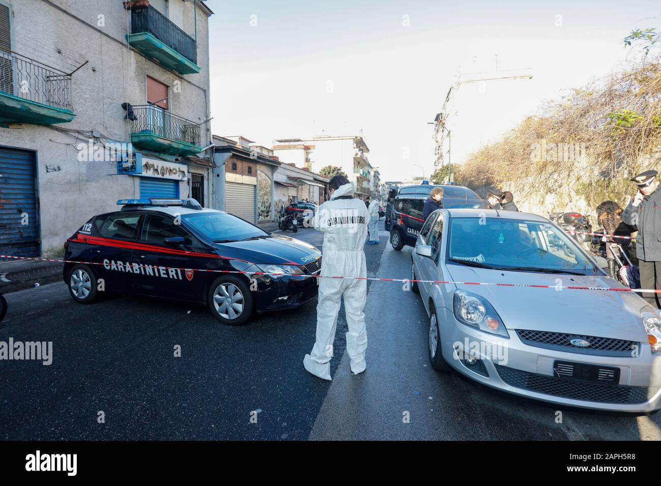 Naples, Italy. 23rd Jan, 2020. In the Miano district in the northern suburbs of Naples, the Camorra returns to spare and kills a victim of the Lo Russo clan. The victim's name is Stefano Bocchetti, killed last night in a game room with many 9-gauge pistol shots. (Photo by Fabio Sasso/Pacific Press) Credit: Pacific Press Agency/Alamy Live News Stock Photo