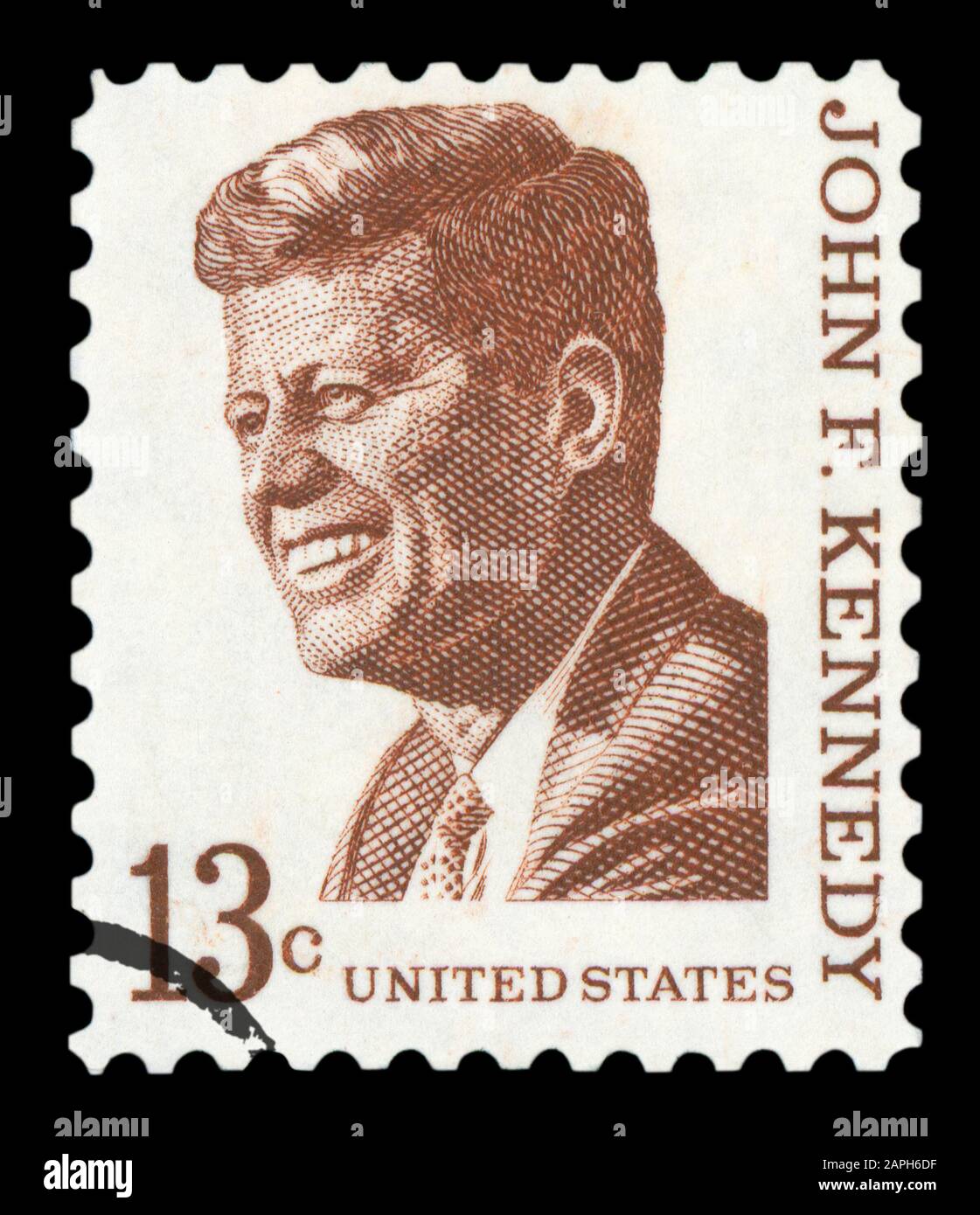 UNITED STATES OF AMERICA - CIRCA 1967: A used postage stamp printed in United States shows a portrait of the President John Fitzgerald Kennedy in brow Stock Photo