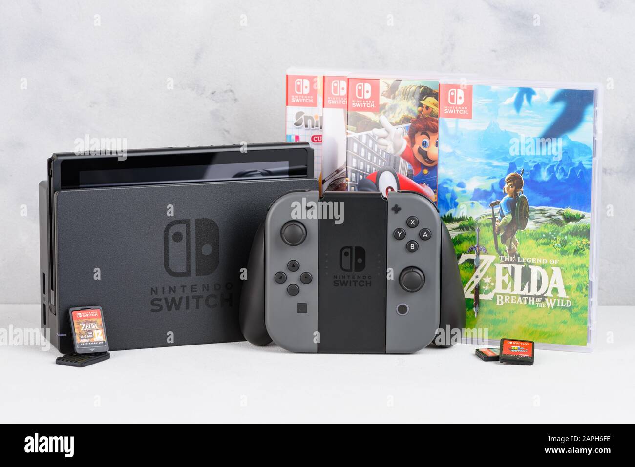 Krakow, Poland - Januray 14, 2020: Nintendo Switch gaming console with  popular Zelda and Mario games and game cards still-life Stock Photo - Alamy