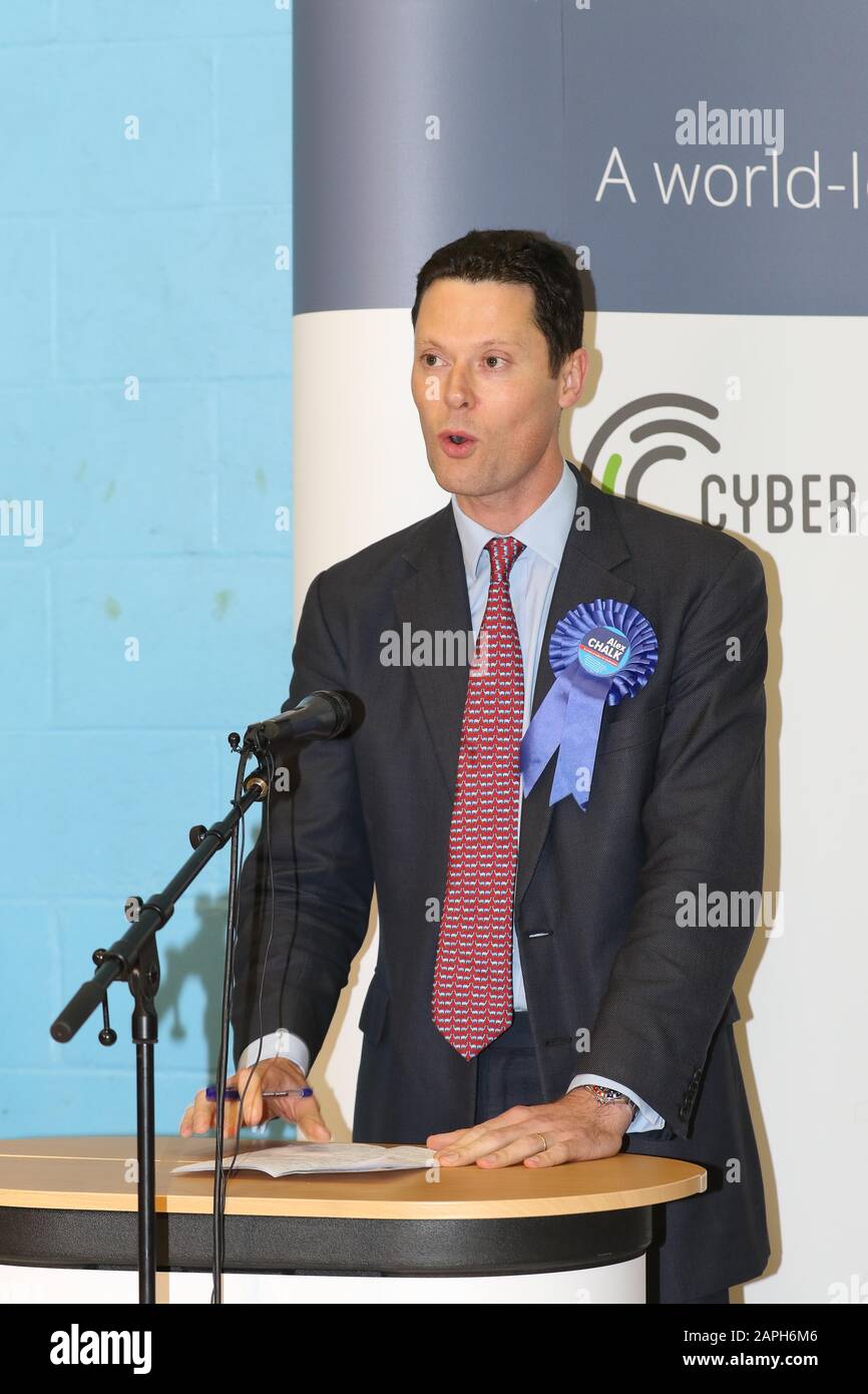 Cheltenham General Election Count at Leisure@Cheltenham Sports Hall - Alex Chalk MP gives his celebration speech  - 11.12.2019  Picture by Antony Thompson - Thousand Word Media, NO SALES, NO SYNDICATION. Contact for more information mob: 07775556610 web: www.thousandwordmedia.com email: antony@thousandwordmedia.com  The photographic copyright (© 2019) is exclusively retained by the works creator at all times and sales, syndication or offering the work for future publication to a third party without the photographer's knowledge or agreement is in breach of the Copyright Designs and Patents Act Stock Photo