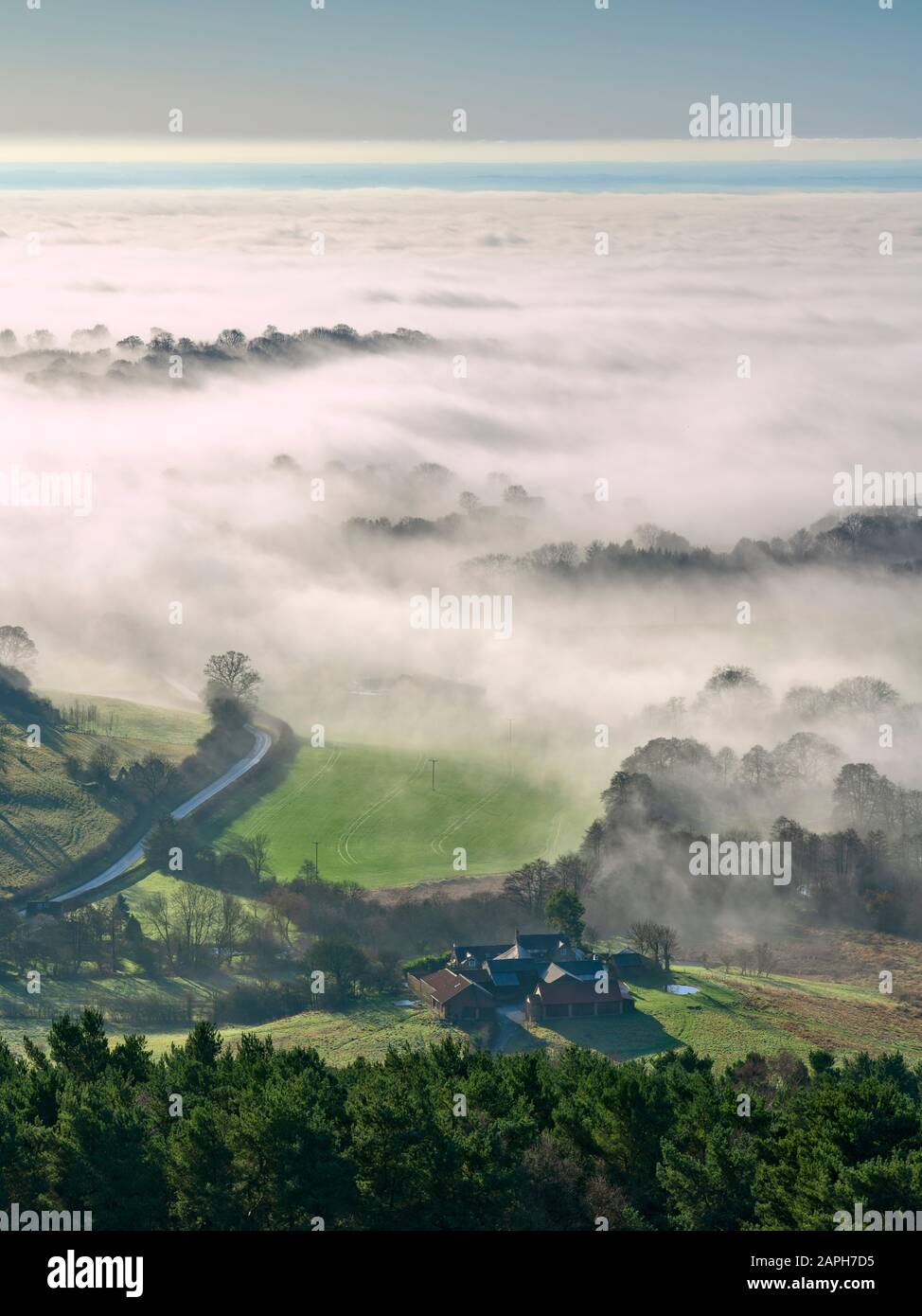 Kilburn village, UK. 23rd Jan, 2020. UK Weather: Ephemeral light and mist over North Yorkshire and the vale of York, Credit: John Potter/Alamy Live News Stock Photo