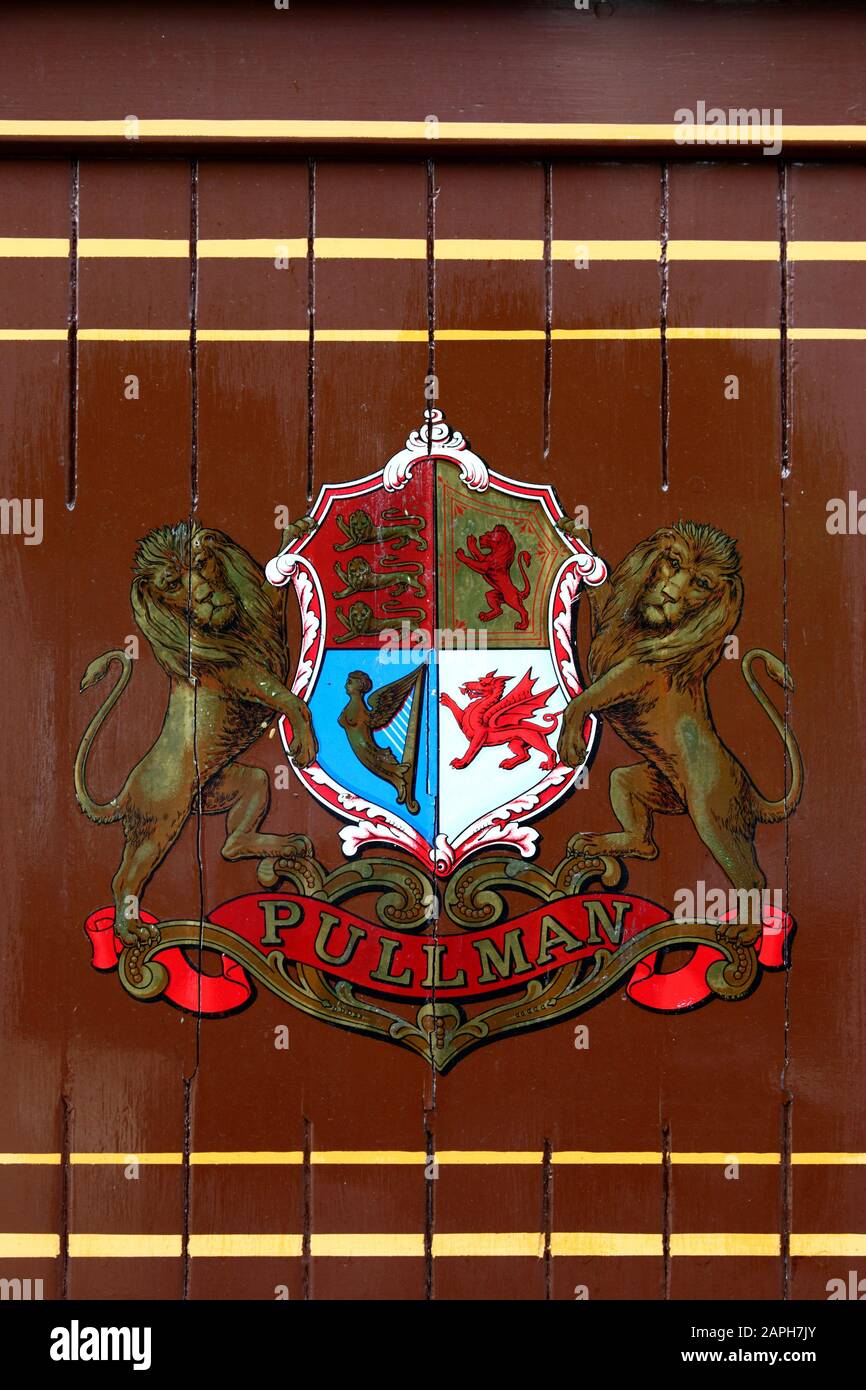 Close up of Pullman coach badge on side of railway passenger carriage,  Kent & East Sussex Railway, Tenterden, Kent, England Stock Photo
