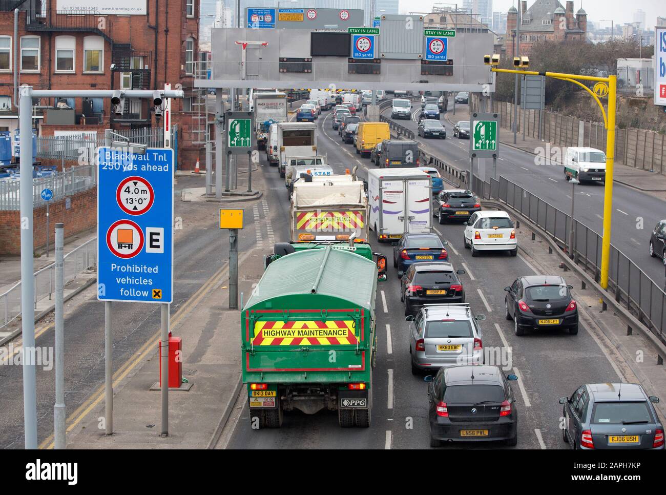 A queue of traffic on the approach to Blackwall Tunnel in London, England Stock Photo