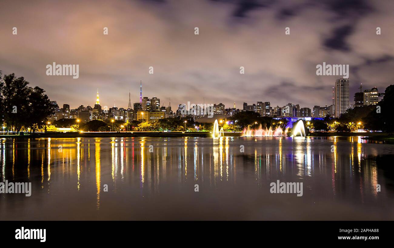 Evening Illuminations Light In Sao Paulo, Brazil. Night Illuminated Ibirapuera Park. Modern
