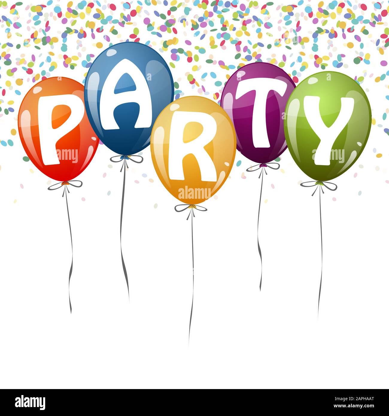 flying colored balloons with ribbons, confetti and text Party Stock ...