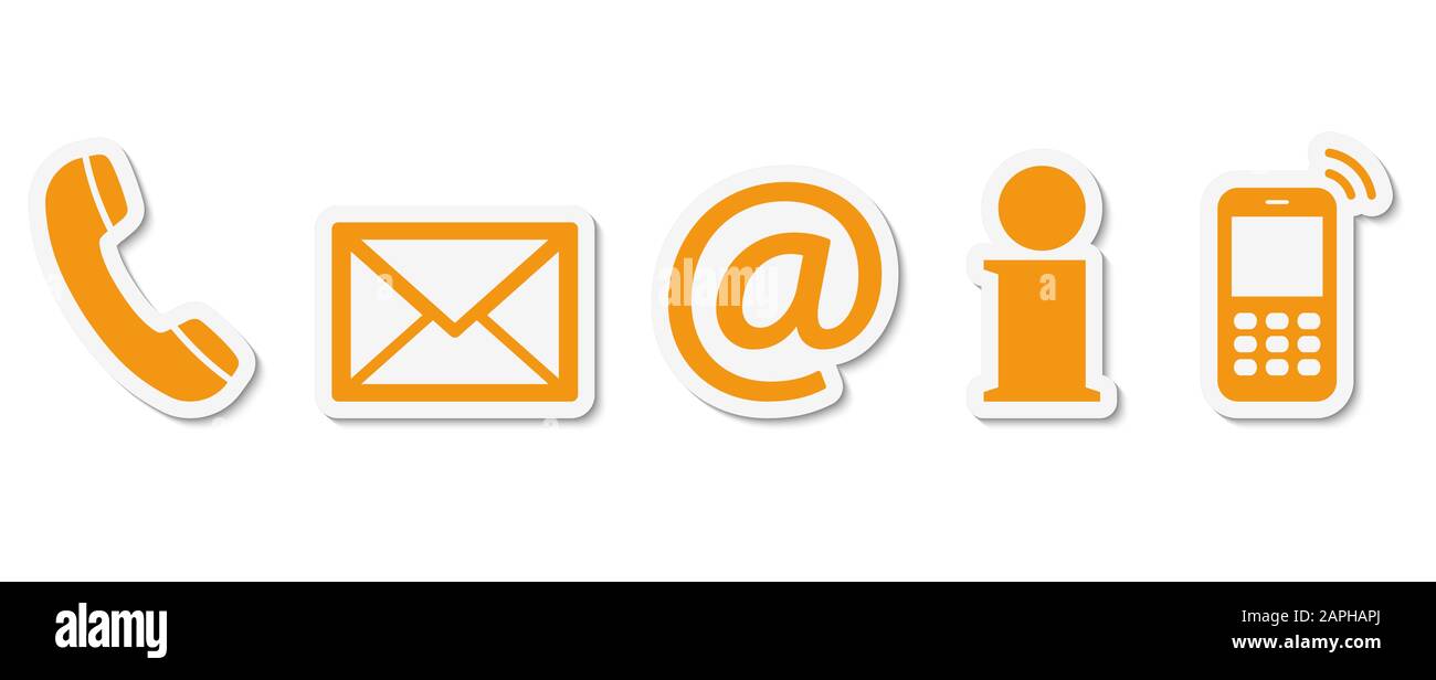 Contact Us – set of yellow colored icons with white frame and shadow Stock Vector