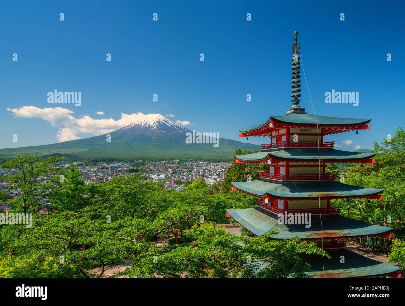 Fujiyoshida, Japan at Chureito Pagoda and Mt. Fuji. Stock Photo