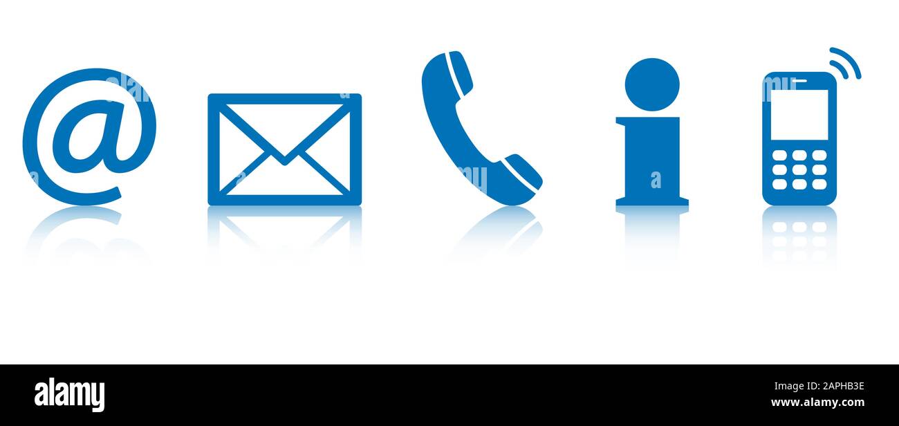 Contact Us – set of blue colored icons with reflection Stock Vector
