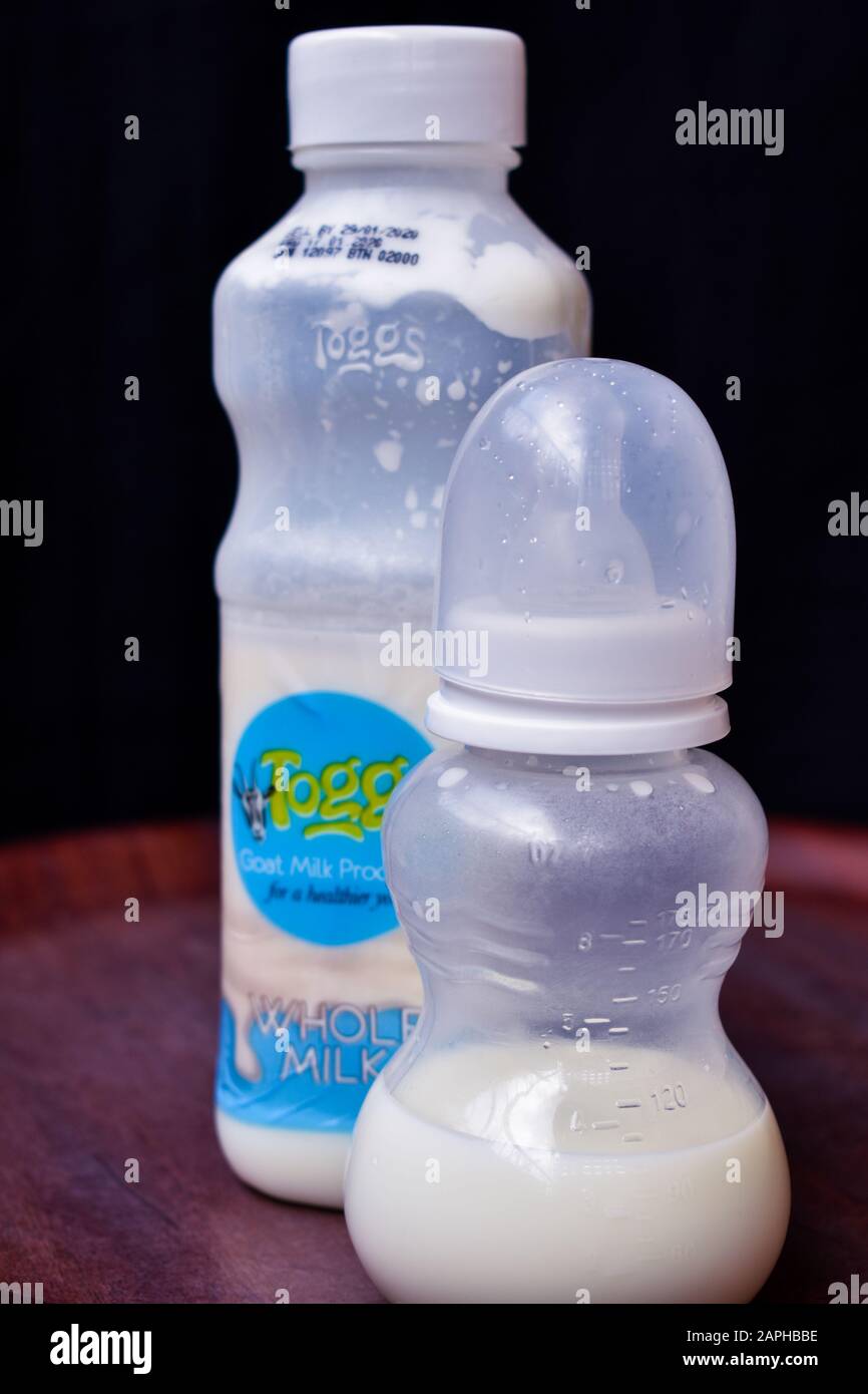 Kiambu/Kenya - January 23rd 2020: a baby bottle with some milk in it placed next to a container of toggs goat milk from kibidav farm based in Kiambu. Stock Photo