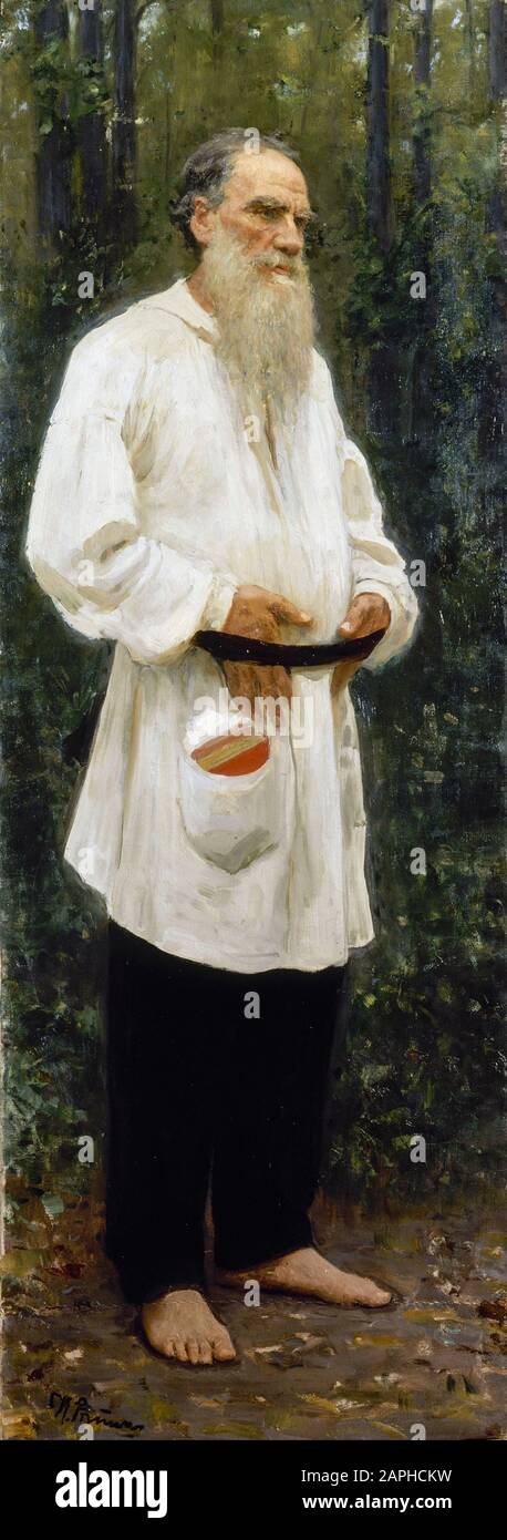 Leo Tolstoy (1828-1910), barefoot, portrait painting by Ilya Repin, 1901 Stock Photo