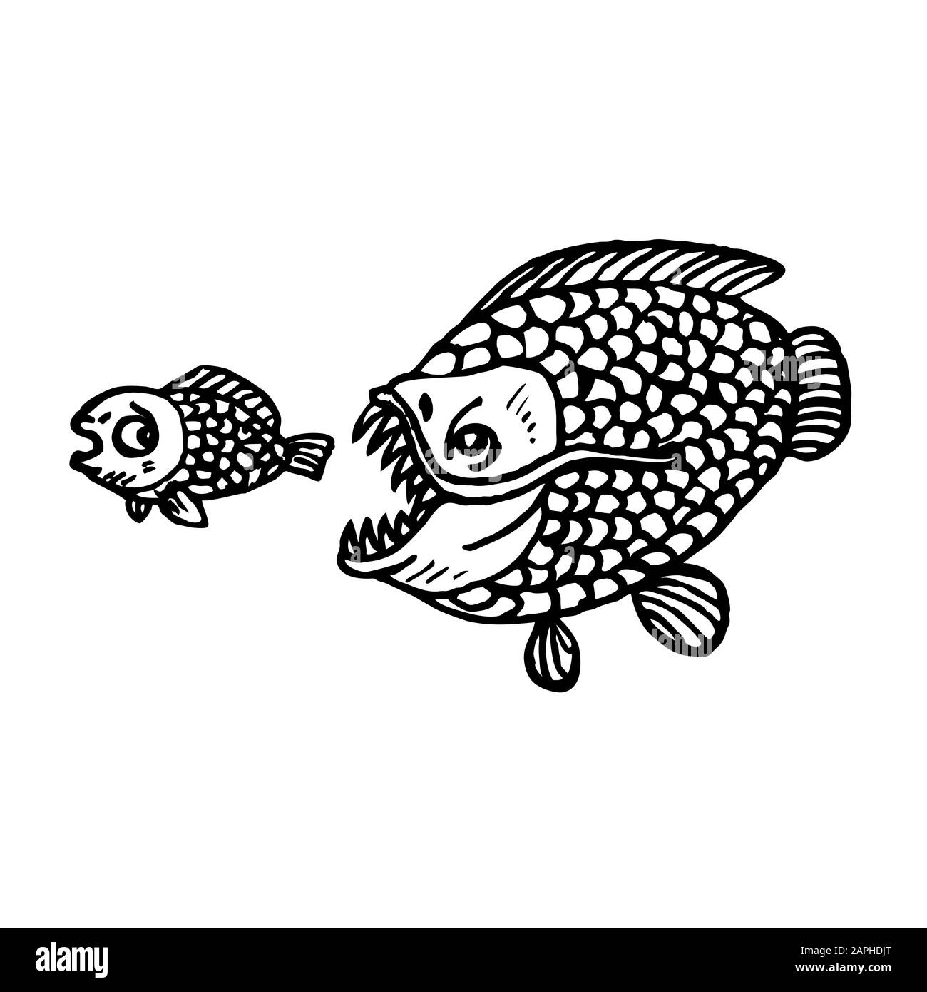 Funny piranha fish cartoon character trying to catch small fish, hand drawn  doodle sketch, isolated outline illustration Stock Photo - Alamy