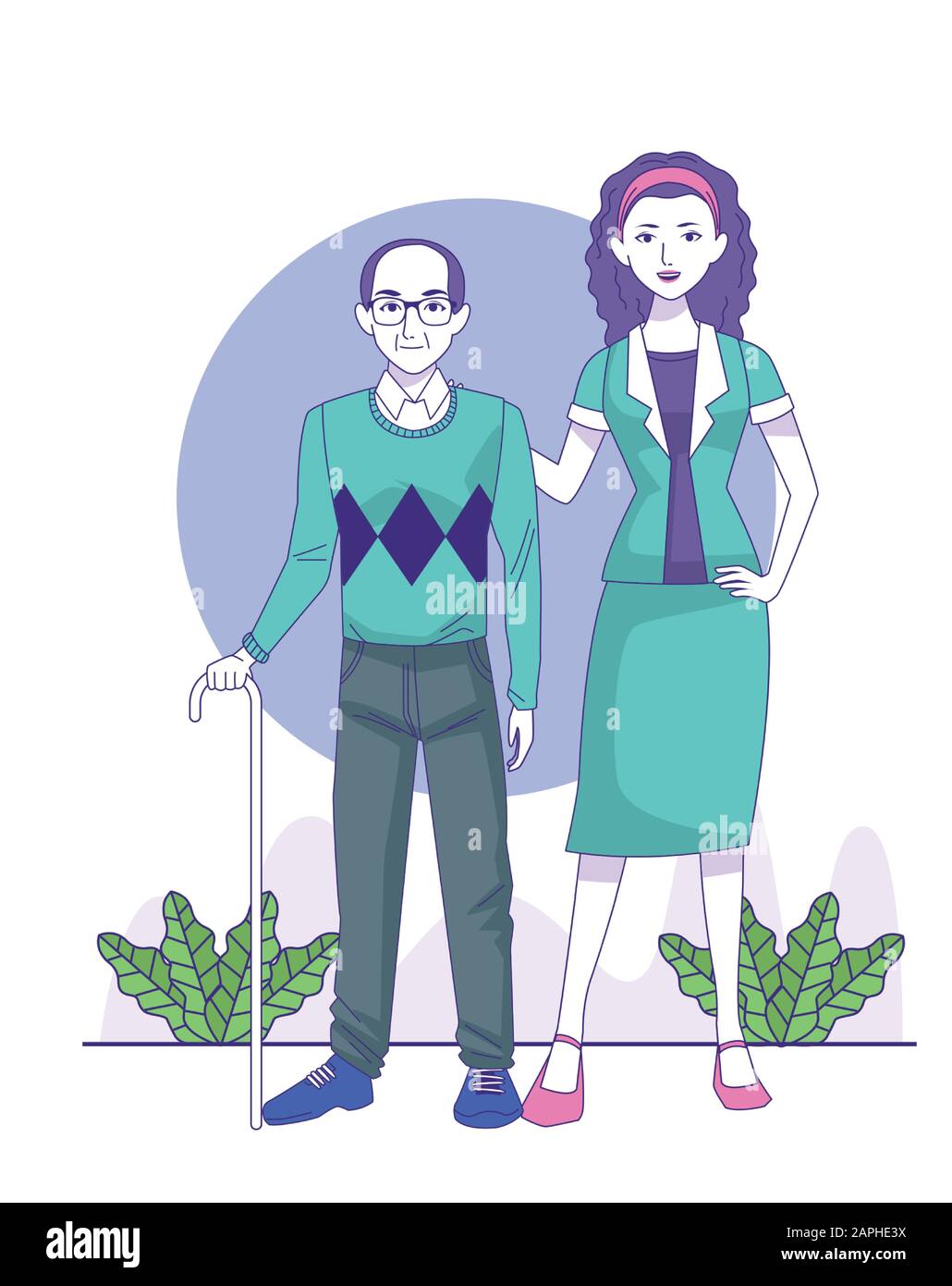 cartoon old man and woman standing, colorful design Stock Vector