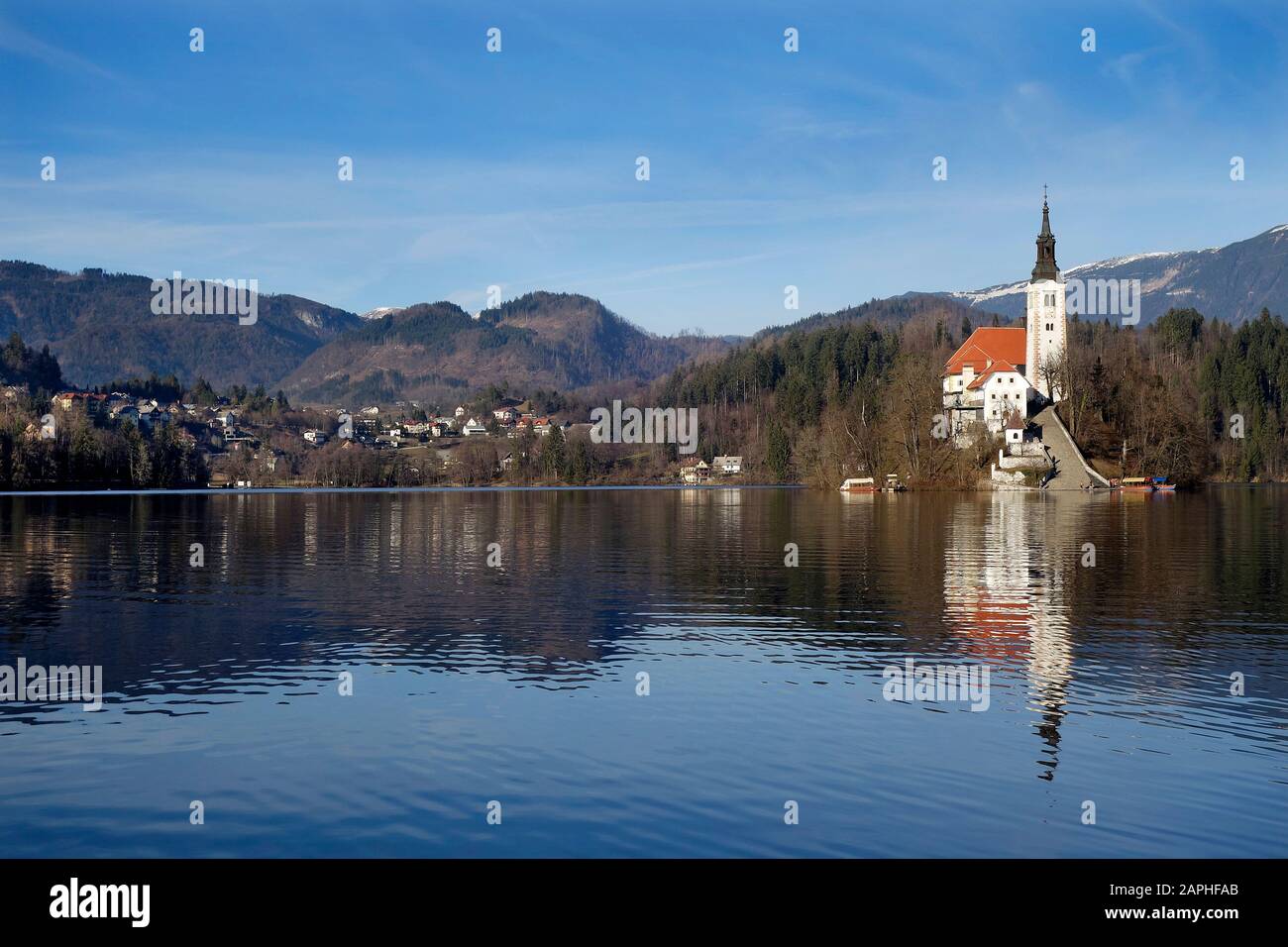 Bled Isle with the pilgrimage church dedicated to Assumption of Mary, Bled, Slovenia Stock Photo