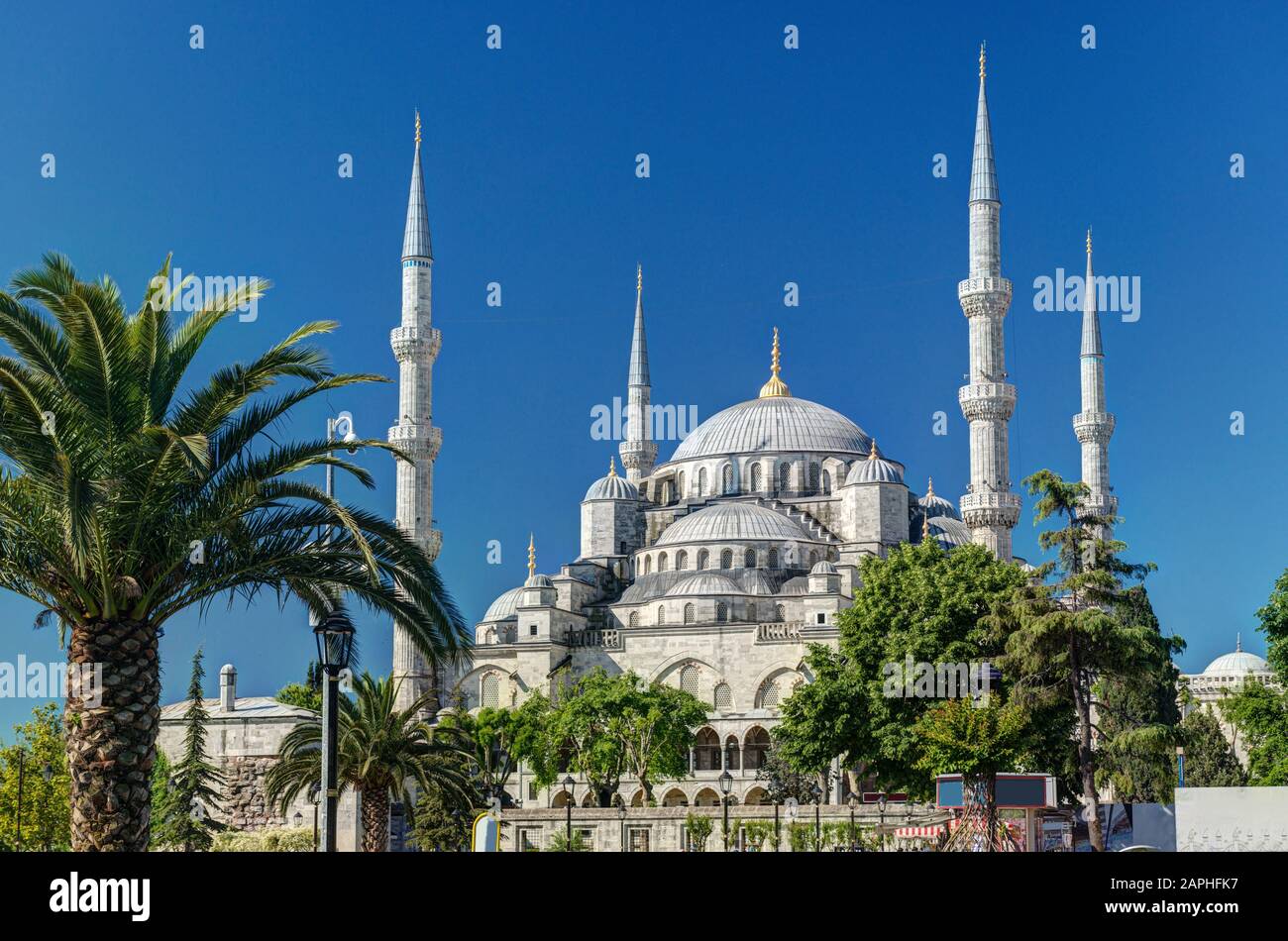 View of the Blue Mosque in Istanbul, Turkey. The Blue Mosque (Sultanahmet Camii) is a historical monument and a beautiful mosque in Istanbul. Stock Photo