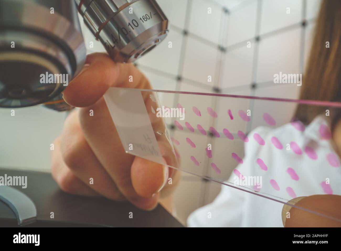 student girl looking in a microscope, science laboratory concept Stock ...