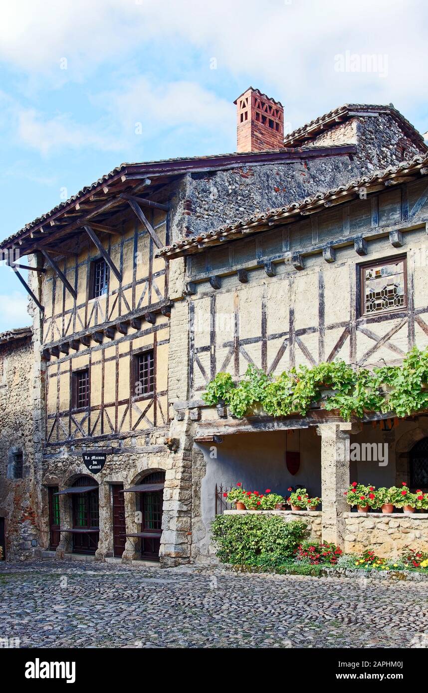 old buildings, half-timbered, stone, cobblestone street, flowers ...