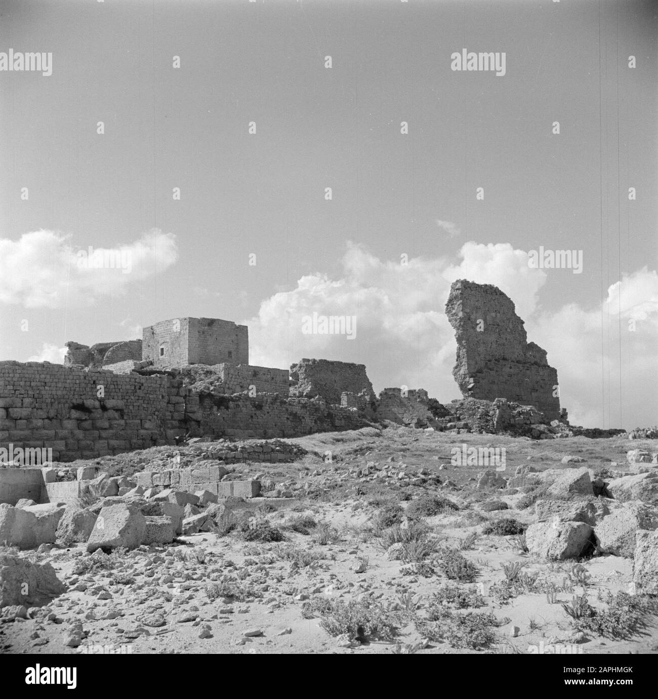 Israel 1948-1949:atlit Description: The coastal strip near Atlit near Haifa with the ruin of a castle from the time of the crusaders on the beach Date: 1948 Location: Atlit, Israel, Mediterranean Sea Keywords: archeology, history, castles, crusaders, coasts, walls, knights, ruins, beaches Stock Photo