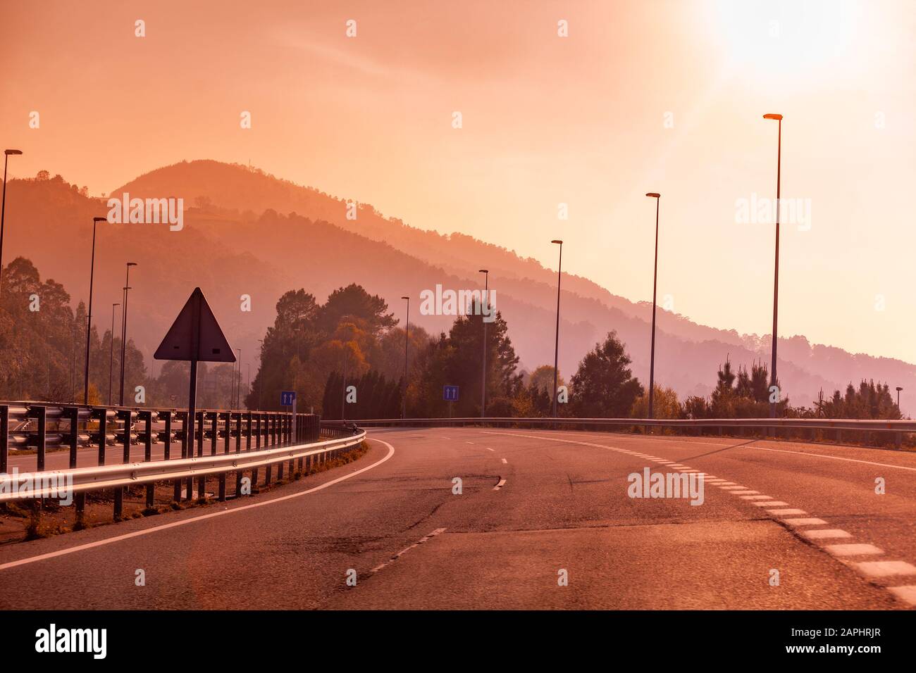 View of beautiful mountain landscape through the windscreen on a sunny ...