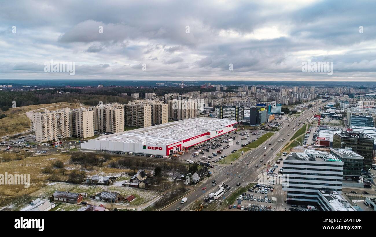 Fabijoniskes district and large shop from the drone view Stock Photo