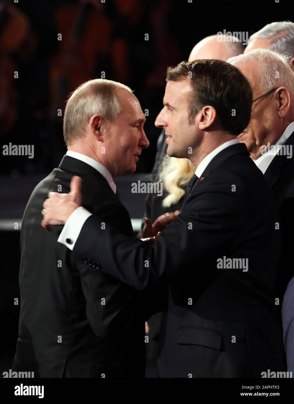 Jerusalem, Israel. 23rd Jan, 2020. Russian President Vladimir Putin (L) talks with French President Emmanuel Macron (R) during the Fifth World Holocaust Forum at the Yad Vashem Holocaust memorial museum in Jerusalem, Israel, on Thursday, January 23, 2020. World leaders are marking the 75th anniversary of the liberation of the Nazi extermination camp Auschwitz. Pool Photo by Abir Sultan/UPI Credit: UPI/Alamy Live News Stock Photo