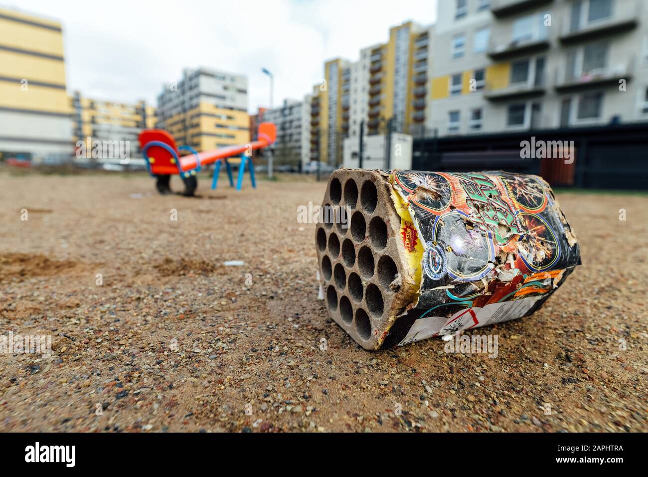 Fireworks waste litter after new years eve in the playground Stock Photo