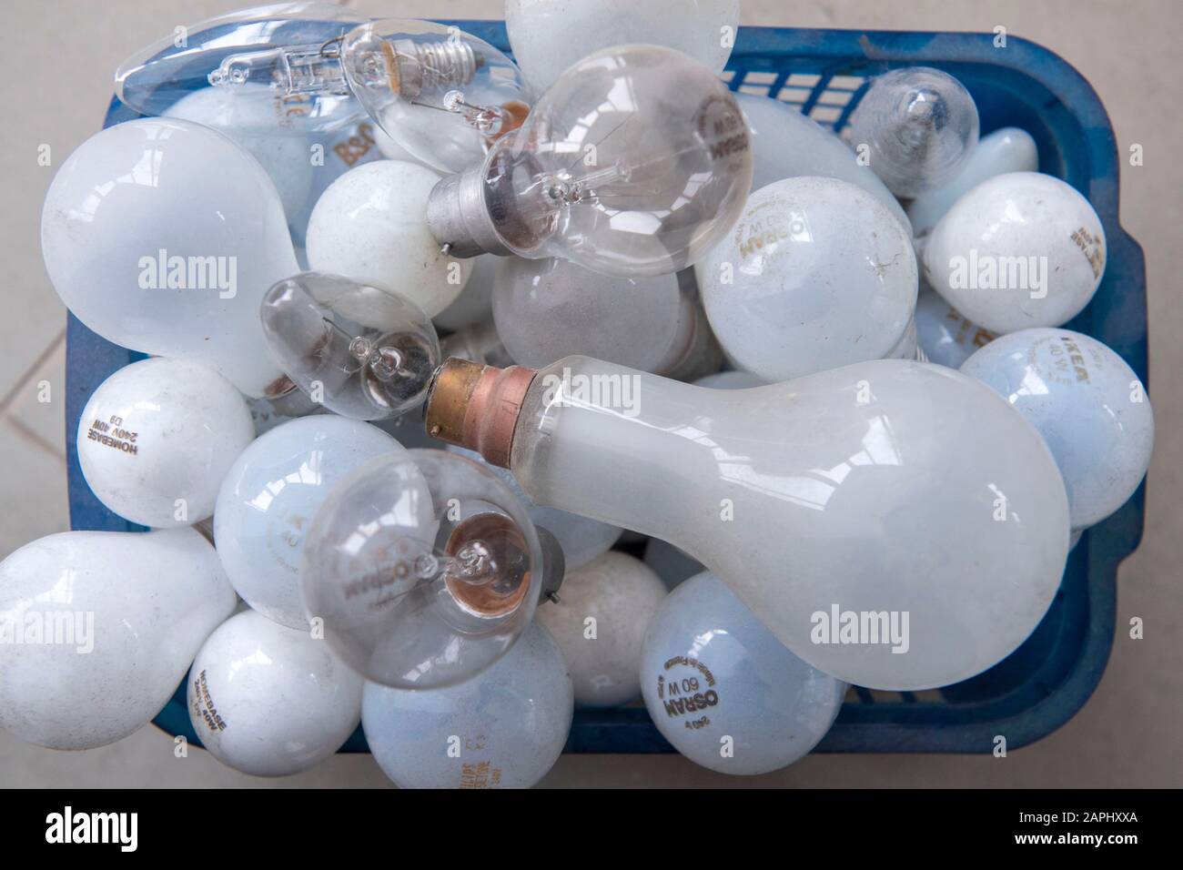 Lots of old tungsten incandescent light bulbs. Stock Photo