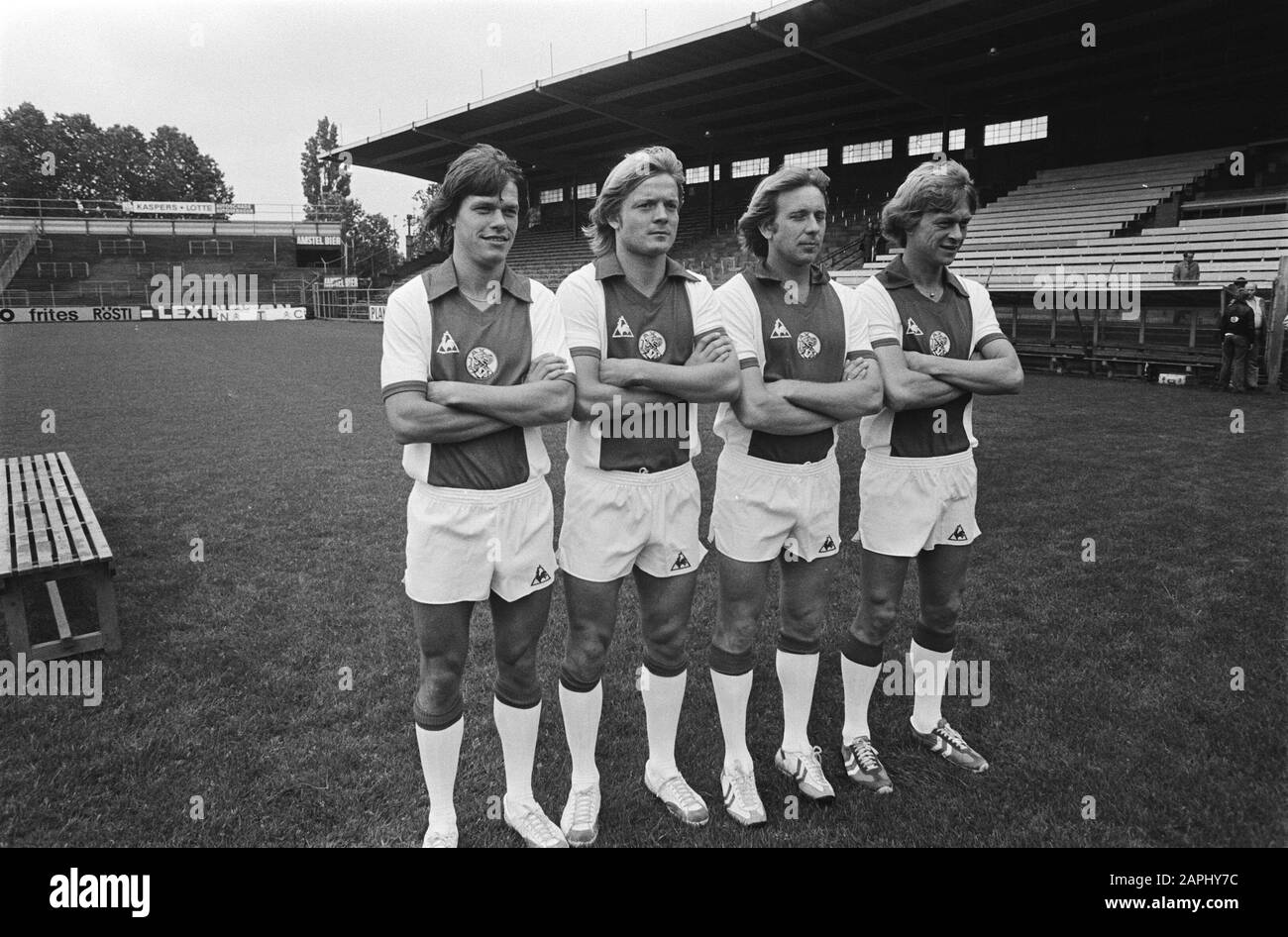 Press day Ajax Description: The Scandinaviers Arnesen, Lerby, Jensen and Ziegler Date: 21 July 1980 Location: Amsterdam, Noord-Holland Keywords: teams, group portraits, sports, football, football, football person name: Arnesen, Frank, Jensen, Daniel, Lerby, Soeren, Ziegler, Reto Stock Photo