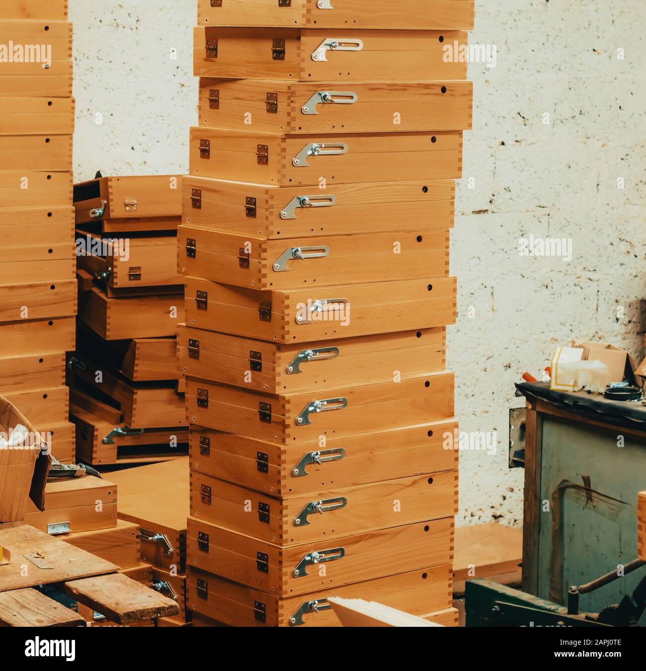 Wooden boxes stacked in a carpentry workshop Stock Photo - Alamy