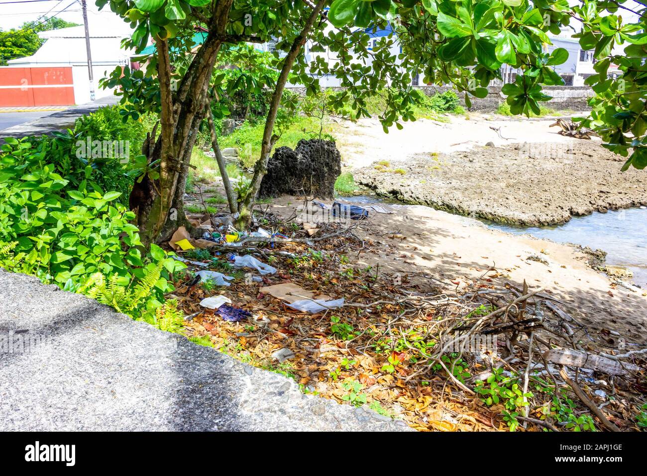 Garbage in the Caribbean in Costa Rica thrown by tourists and local people Stock Photo