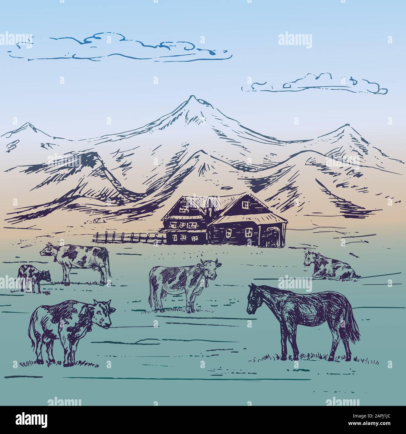Small country house in mountains with cows herd and horse on hills, hand  drawn doodle, sketch, illustration Stock Photo - Alamy, image size:1300x1390