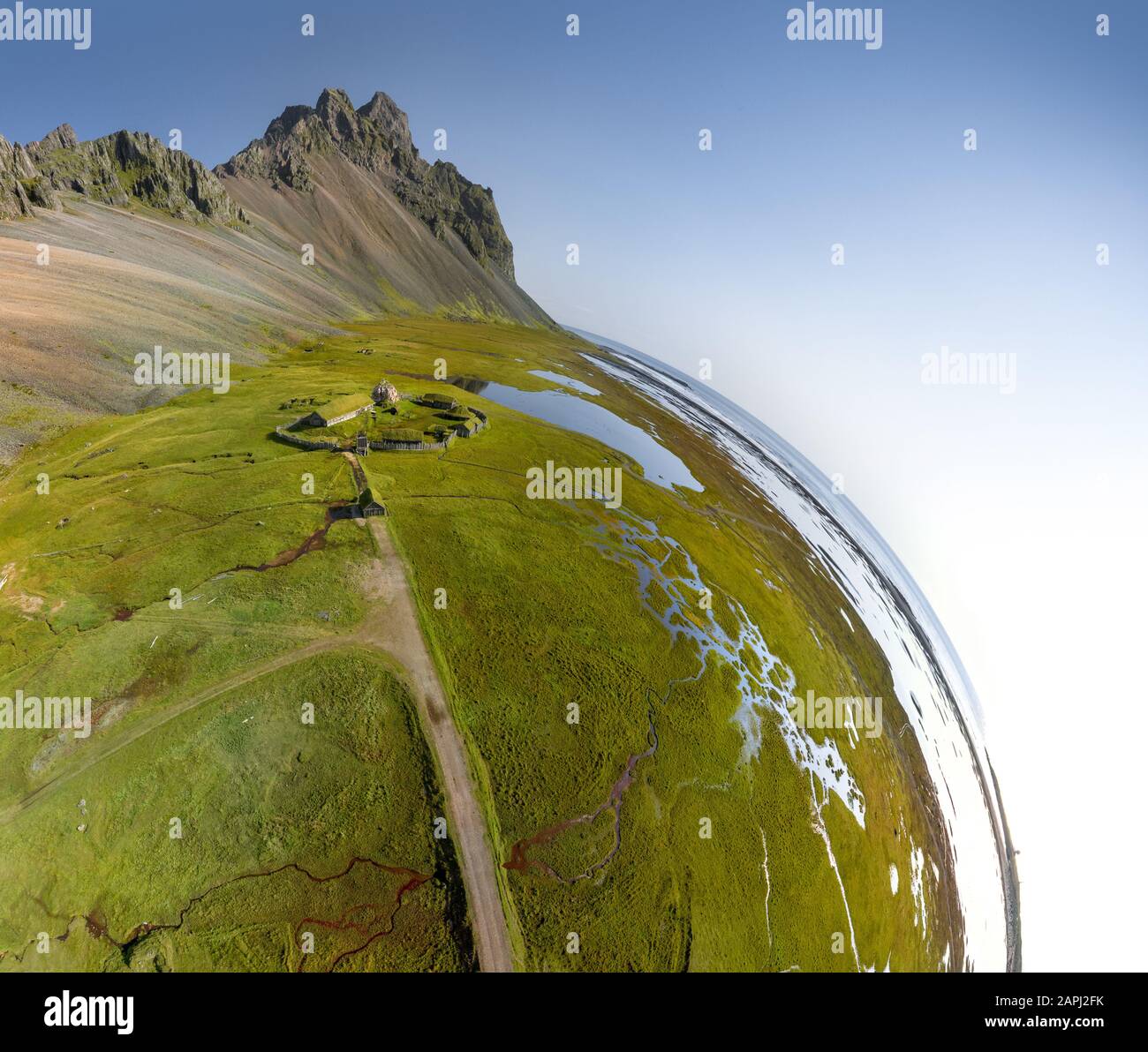 Icelandic aerial landscape with a viking village in Stokksnes ...