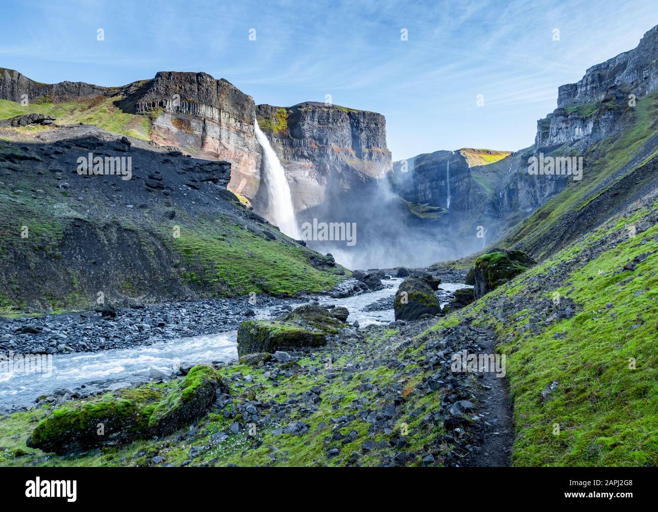View of the landscape of the Haifoss waterfall in Iceland.  Nature and adventure concept background. Stock Photo