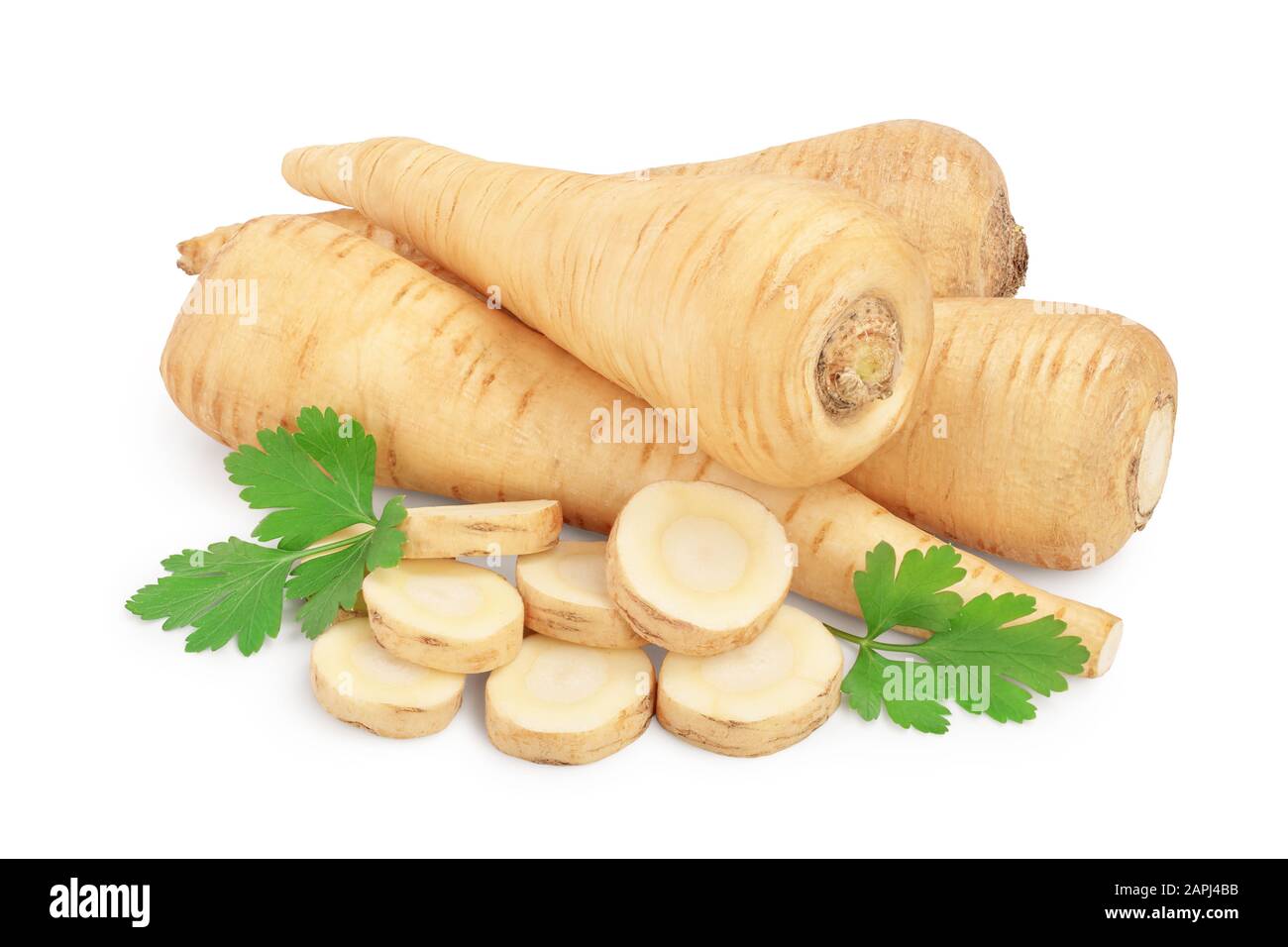 Parsnip root and slices with parsley isolated on white background with clipping path Stock Photo