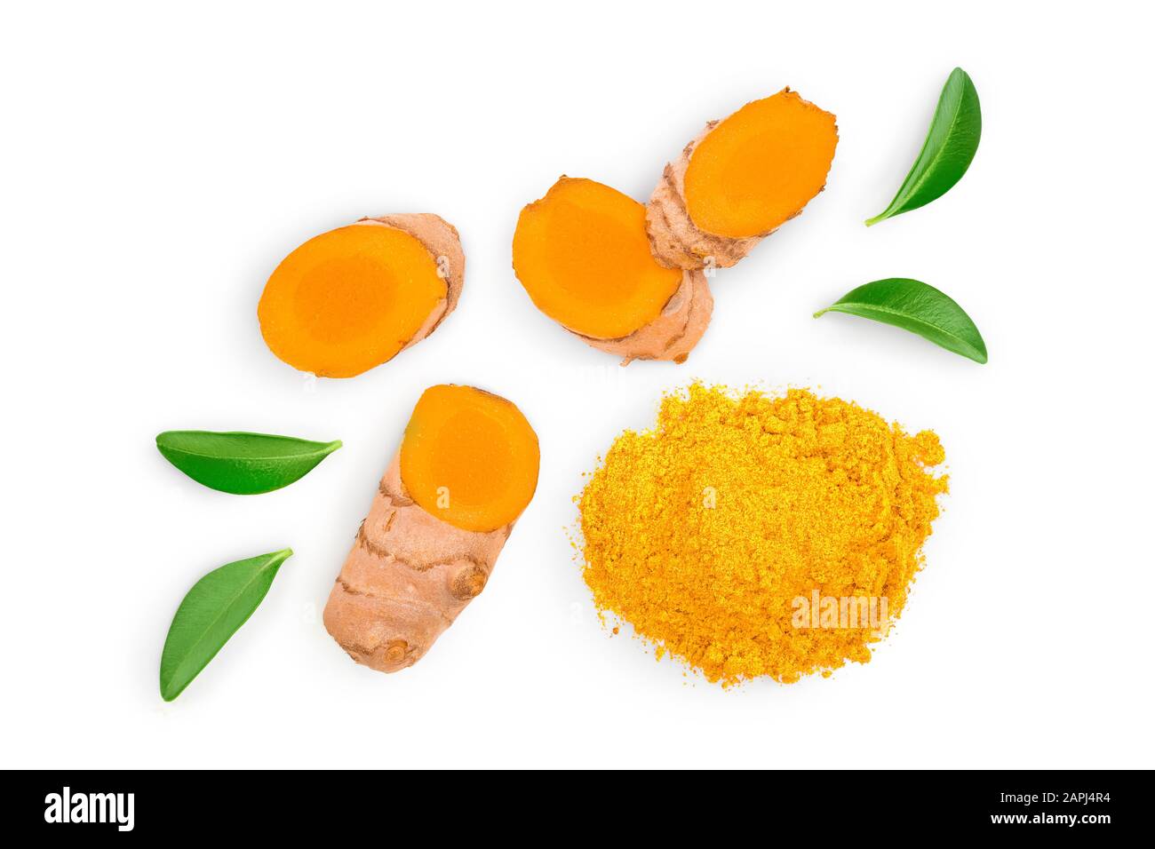 Turmeric powder and turmeric root isolated on white background. Top ...