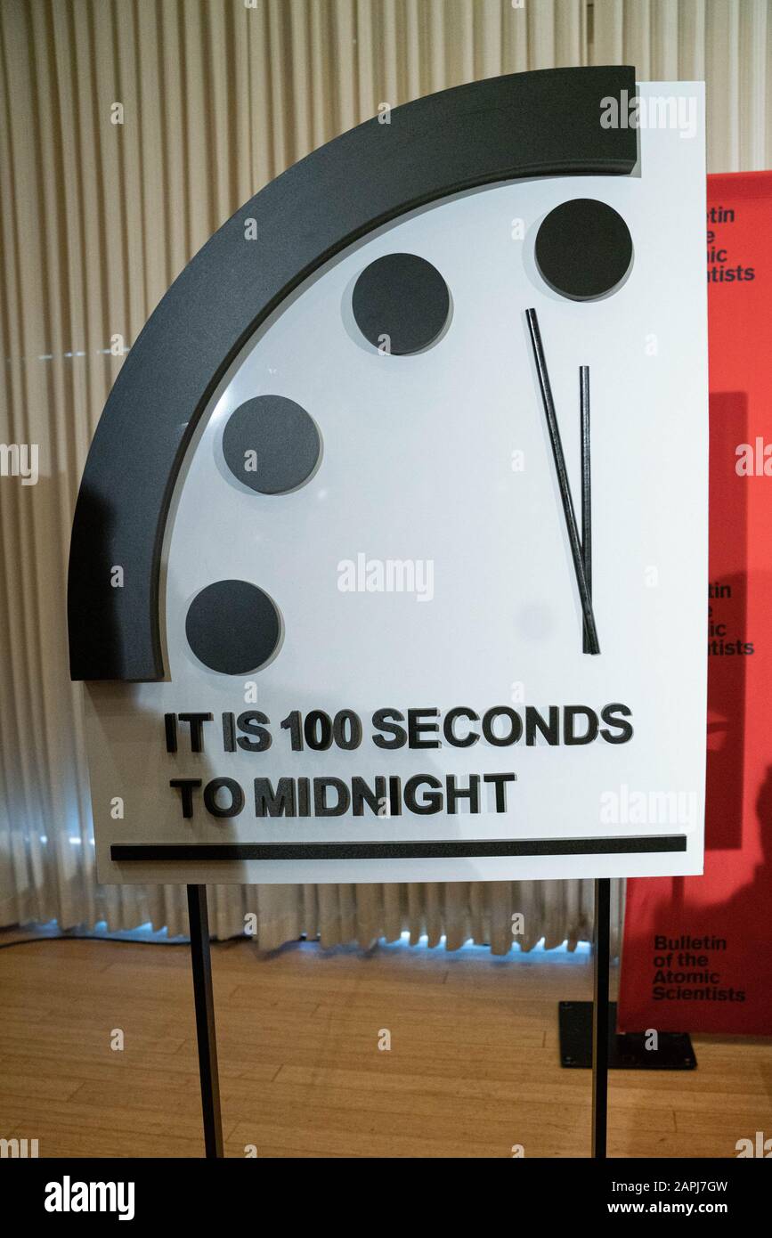 Washington, United States. 23rd Jan, 2020. The Doomsday Clock is seen at the National Press Club following a panel discussion in Washington, DC on Thursday, January 23, 2020. Bulletin of the Atomic Scientists cite worsening nuclear threat, lack of climate action & rise of 'Cyber-enabled disinformation campaign in moving the doomsday clock to 100 seconds before midnight. Photo by Ken Cedeno/UPI Credit: UPI/Alamy Live News Stock Photo