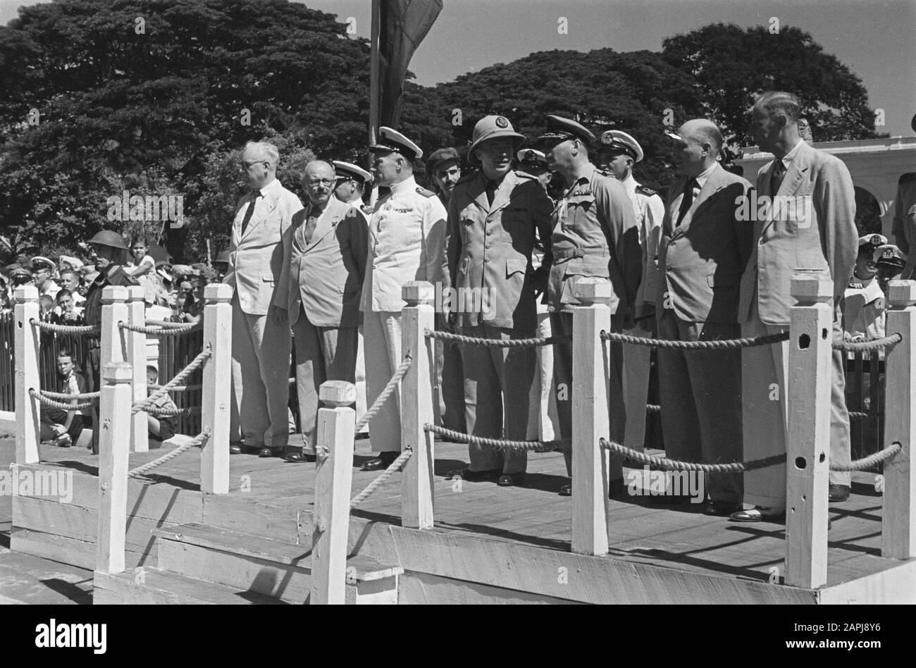 Celebrations following the birth of Princess Marijke Description: Defilé. F. de Boer, W. van Poll, Pinke, H.J. van Mook, S.H. Spoor, N. Schermerhorn, W. Posthuma Date: 19 January 1947 Location: Batavia, Indonesia, Jakarta, Dutch East Indies Stock Photo