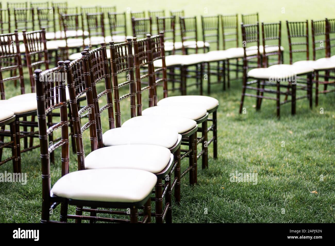 Rows of padded wooden chairs setup for outdoor wedding ceremony Stock ...