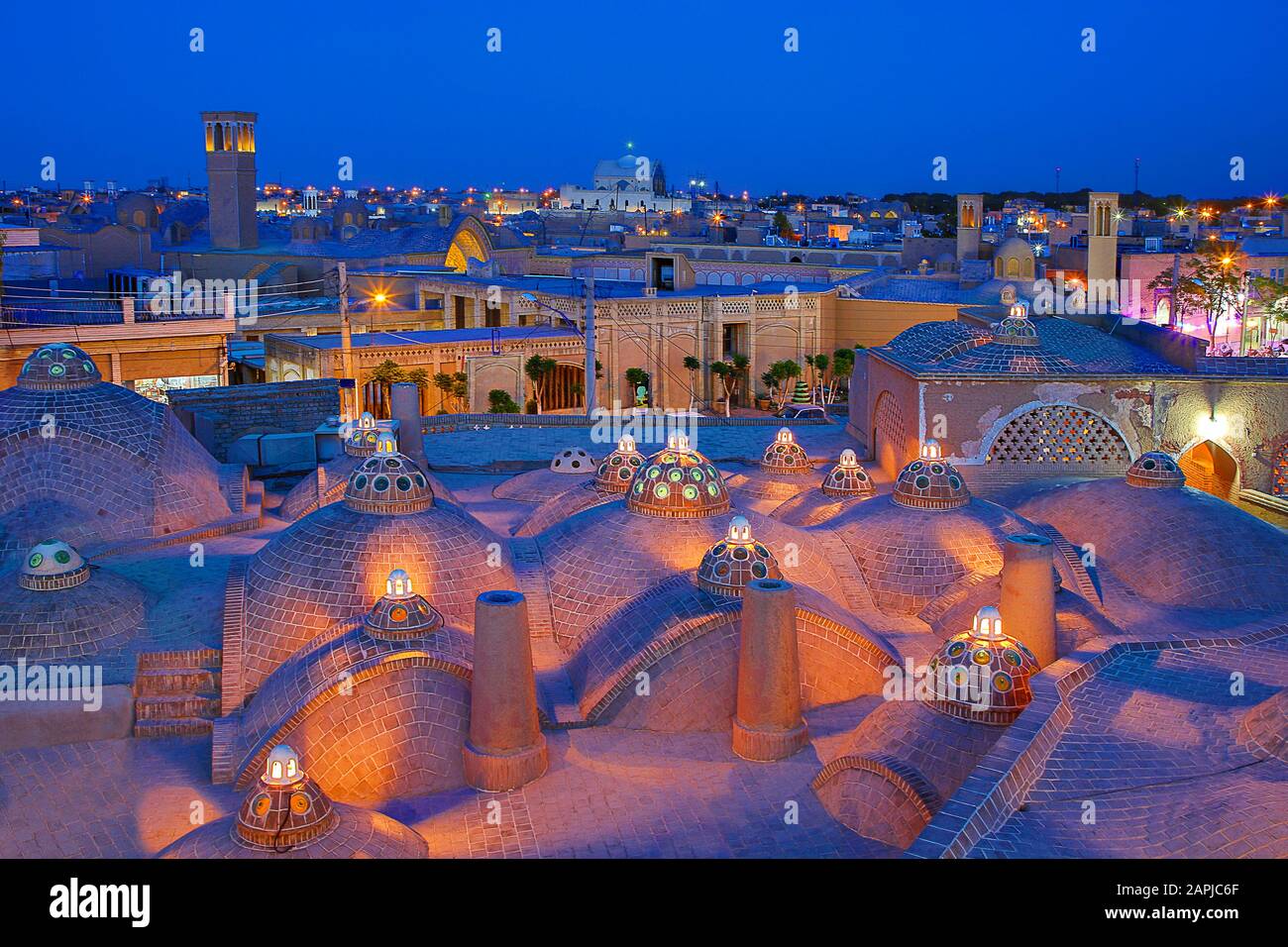 Domes of historical bath and view over the ancient city of Kashan at the twilight, Iran Stock Photo