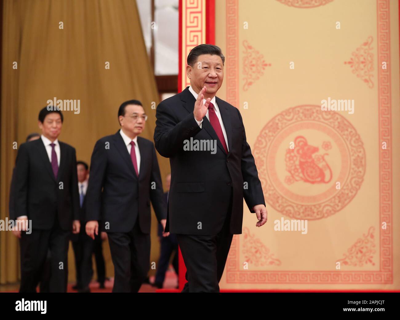 Beijing, China. 23rd Jan, 2020. Party and state leaders Xi Jinping, Li Keqiang, Li Zhanshu, Wang Yang, Wang Huning, Zhao Leji, Han Zheng and Wang Qishan attend a Chinese Lunar New Year reception at the Great Hall of the People in Beijing, capital of China, Jan. 23, 2020. The Communist Party of China (CPC) Central Committee and the State Council held the reception on Thursday in Beijing. Credit: Ding Lin/Xinhua/Alamy Live News Stock Photo