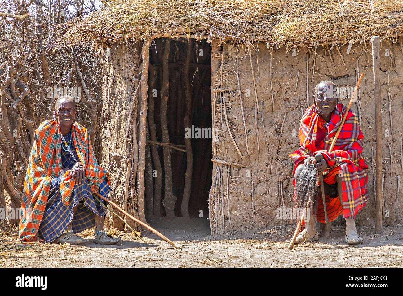 Maasai men in the village near Ngorongoro Crater, in Ngorongoro, Tanzania Stock Photo