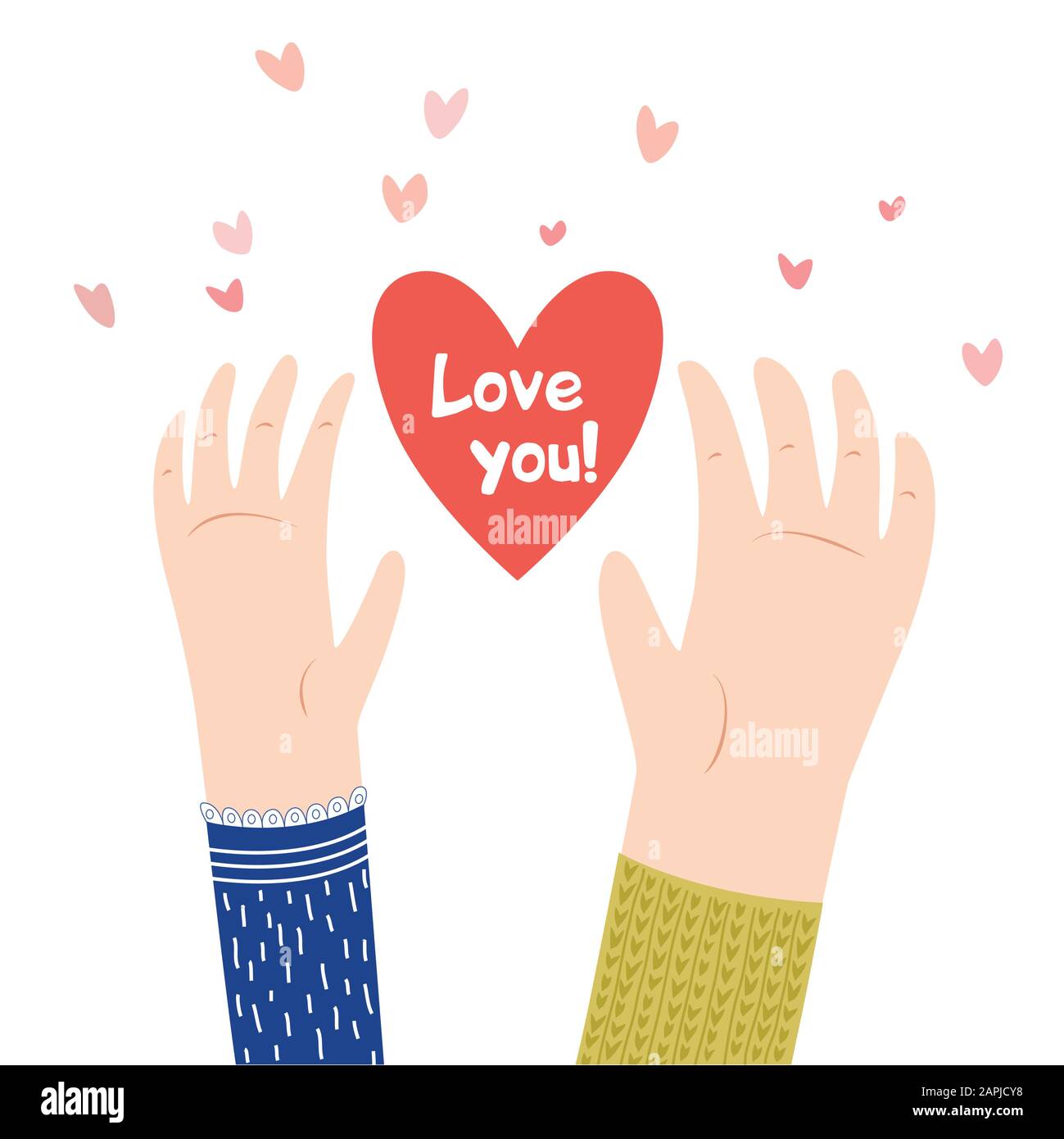 Cute illustration of two hands, between them a big heart. I love you. Postcard to the day of St. Valentine. A tender declaration of love. Valentine's Stock Vector