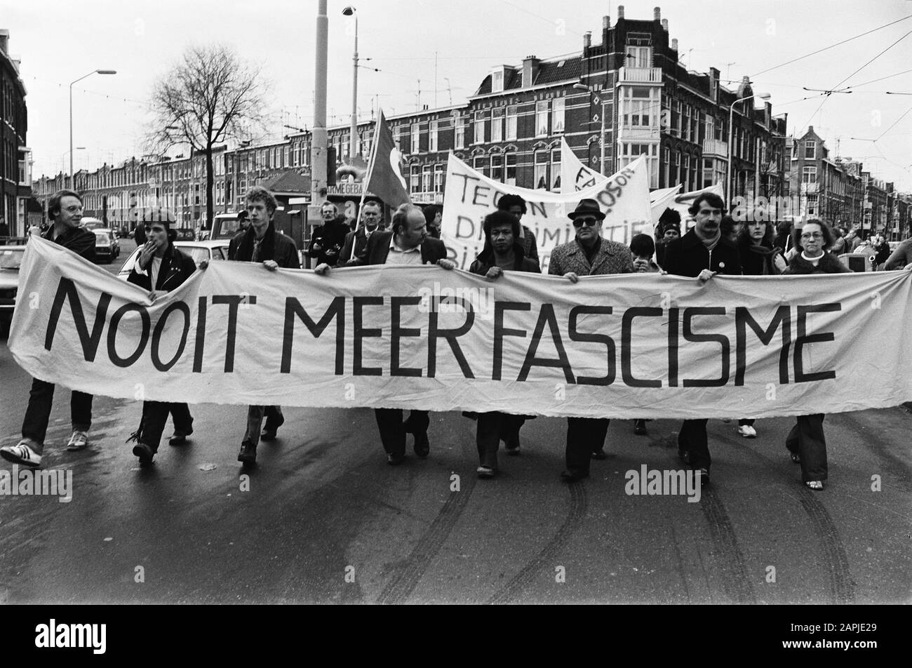 Anti fascist demonstration in The Hague Description: Protesters with banners in The Hague, a.o. Never again fascism Date: December 1, 1979 Location: The Hague, Zuid-Holland Keywords: antifascism, demonstrations, banners Stock Photo