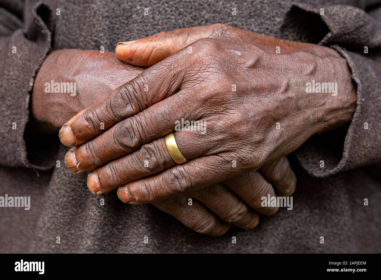 Hands of elderly woman in Uganda, Africa Stock Photo